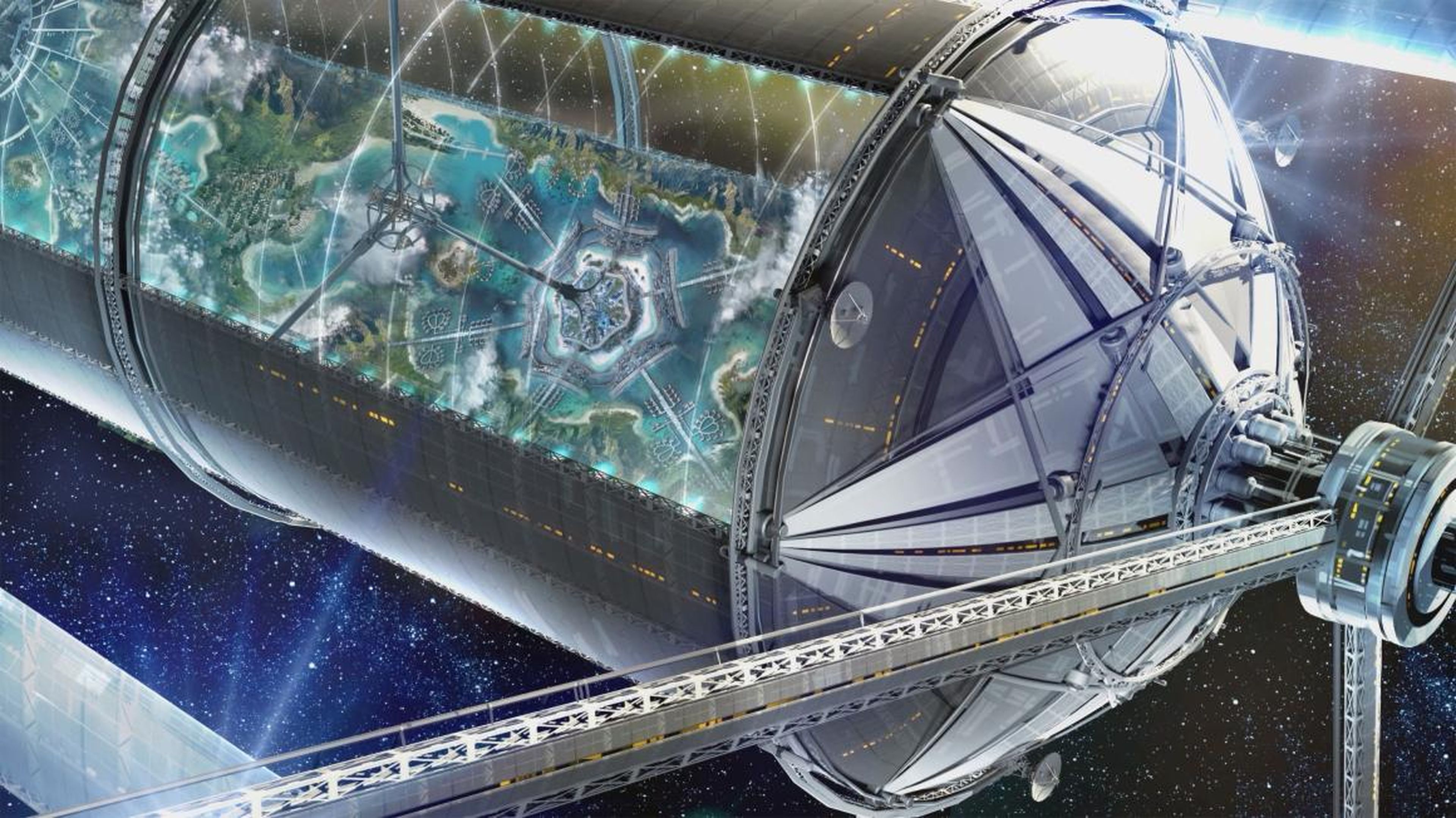 El concepto artístico de una colonia espacial O'Neill de Blue Origin.