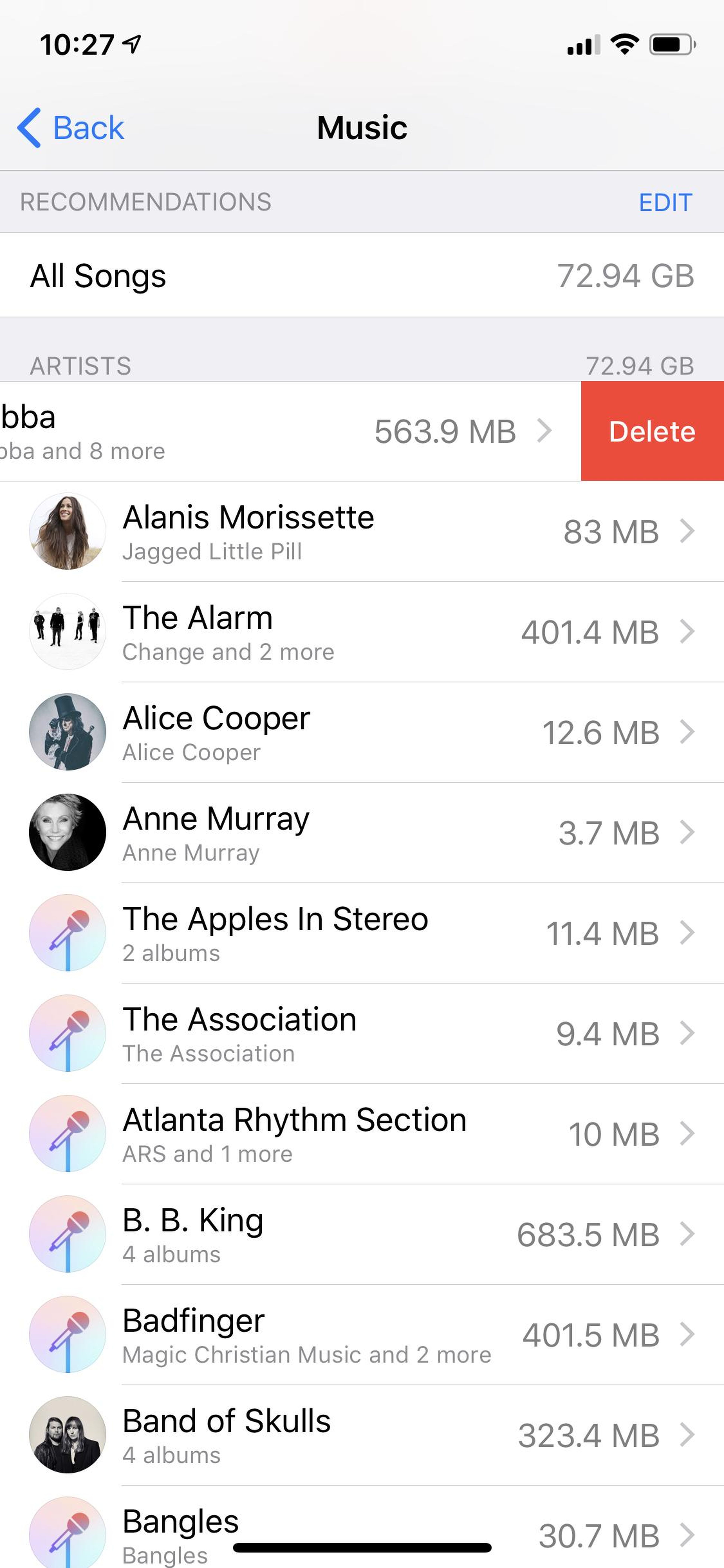You can swipe to remove all the tracks from specific, memory-hogging artists.
