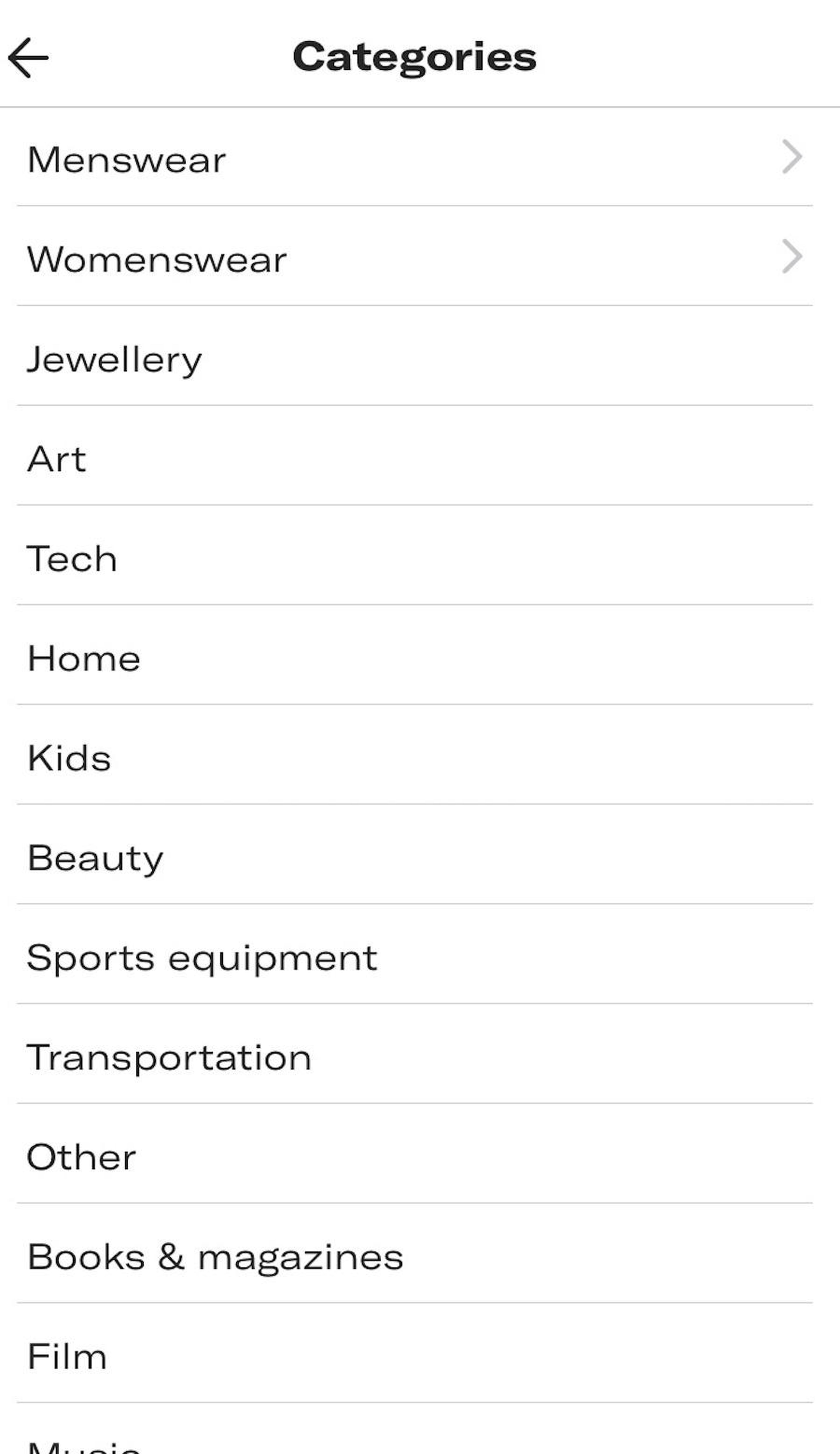 You're asked to select the category that the item falls under. These are umbrella categories, such as menswear, womenswear, or sports equipment, for example. You can add a more detailed description of the item in another box,