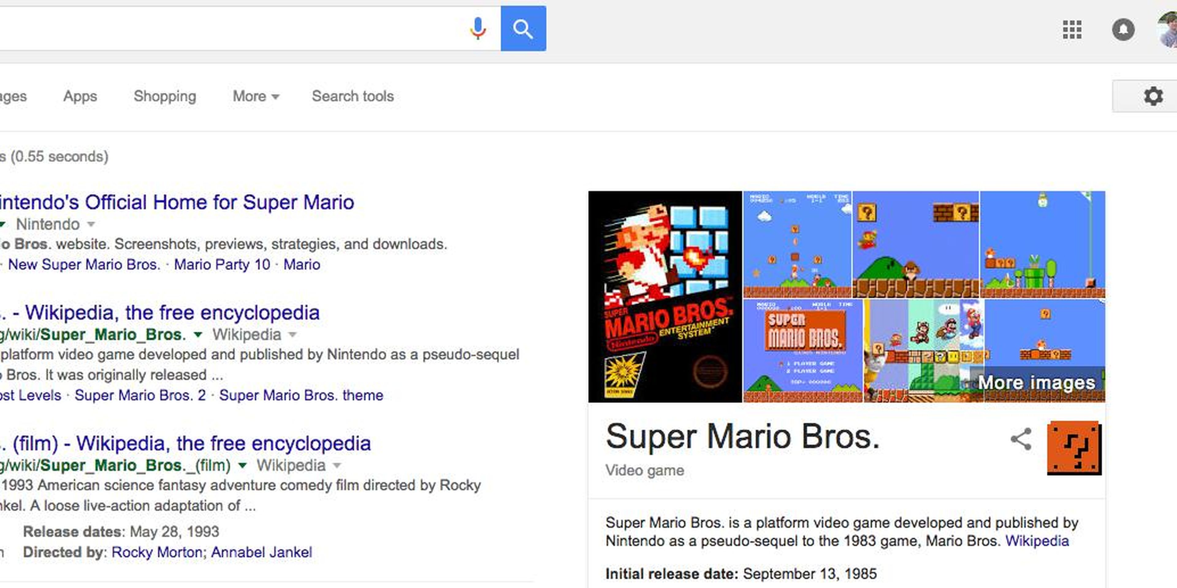 15. There are clearly a few gamers on Google’s Search team. Search “Super Mario Bros,” for instance, and one of the "?" blocks from that series will show up in the Knowledge Graph card on the right. Click it, and you’ll be treated