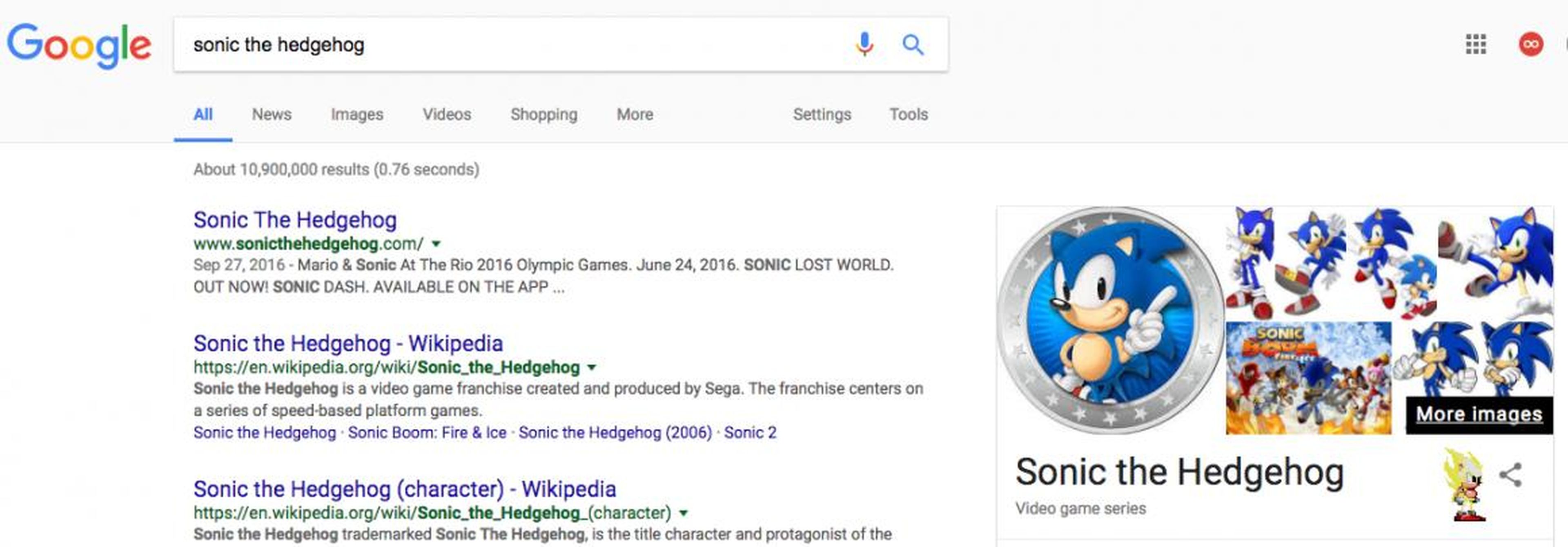 16. For Sega fans, searching "Sonic the Hedgehog" will bring up the beloved mascot in the Knowledge Graph. Clicking on him will make him do his trademark spin, and eventually transform him into his powered-up Super Sonic form.