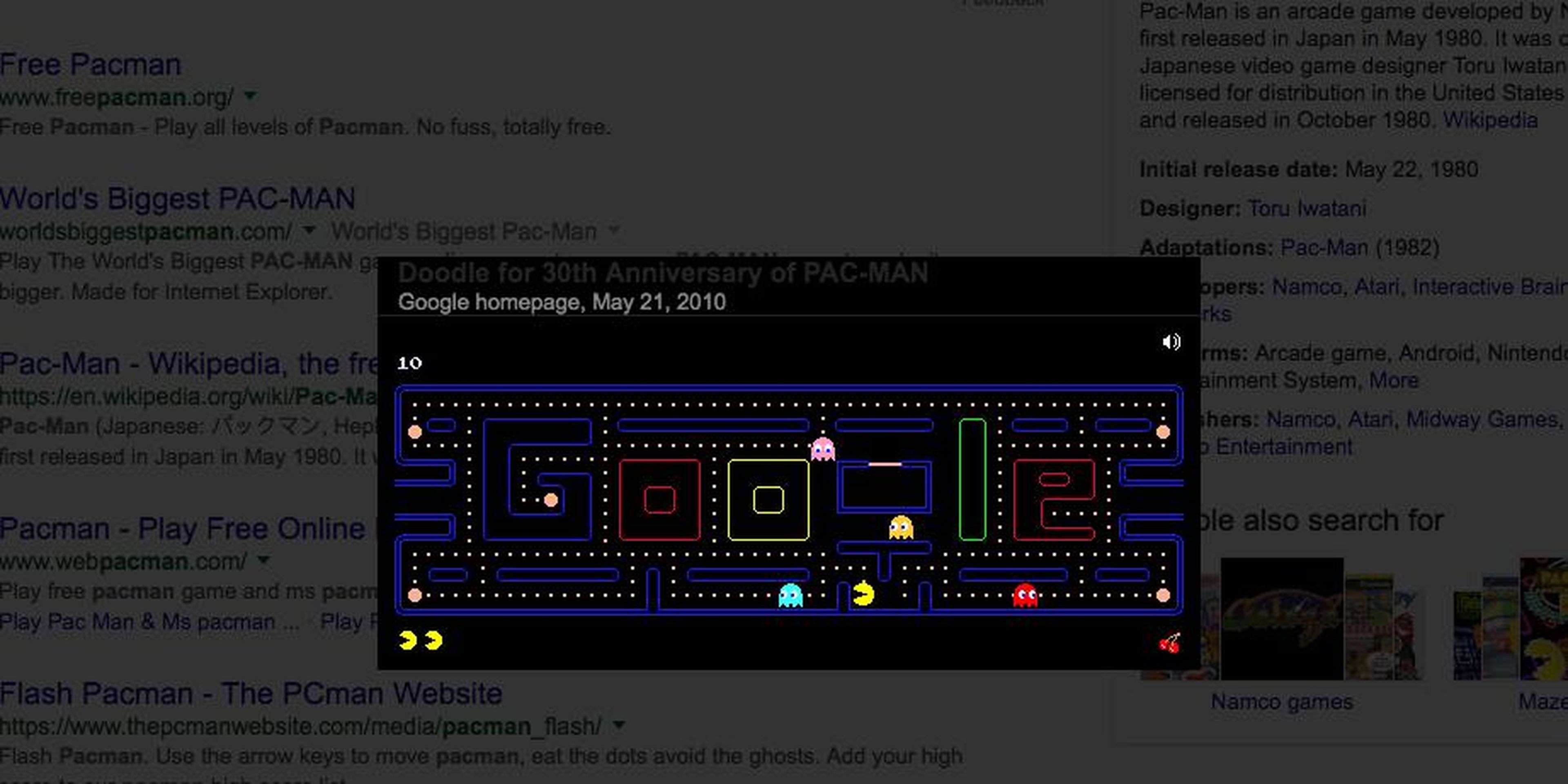19. Googling “Pacman” will allow you to play the interactive game Google created for a Doodle celebrating the little yellow guy’s 30th anniversary back in 2010.