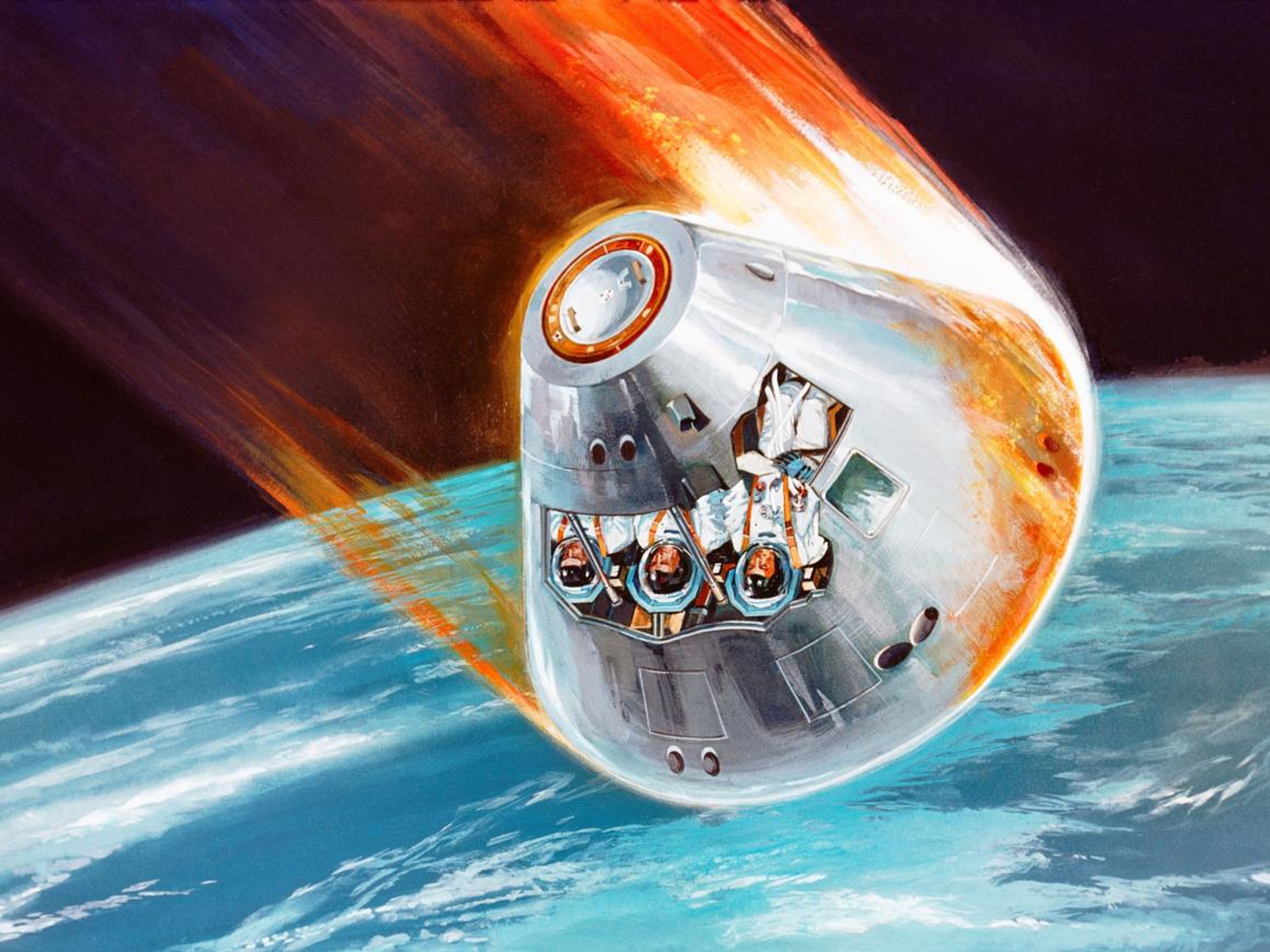 A 1968 artist's concept of an Apollo command module returning to Earth after a voyage to the moon. Plasma is created ahead of a spacecraft's heat shield as it rams through the planet's atmosphere.