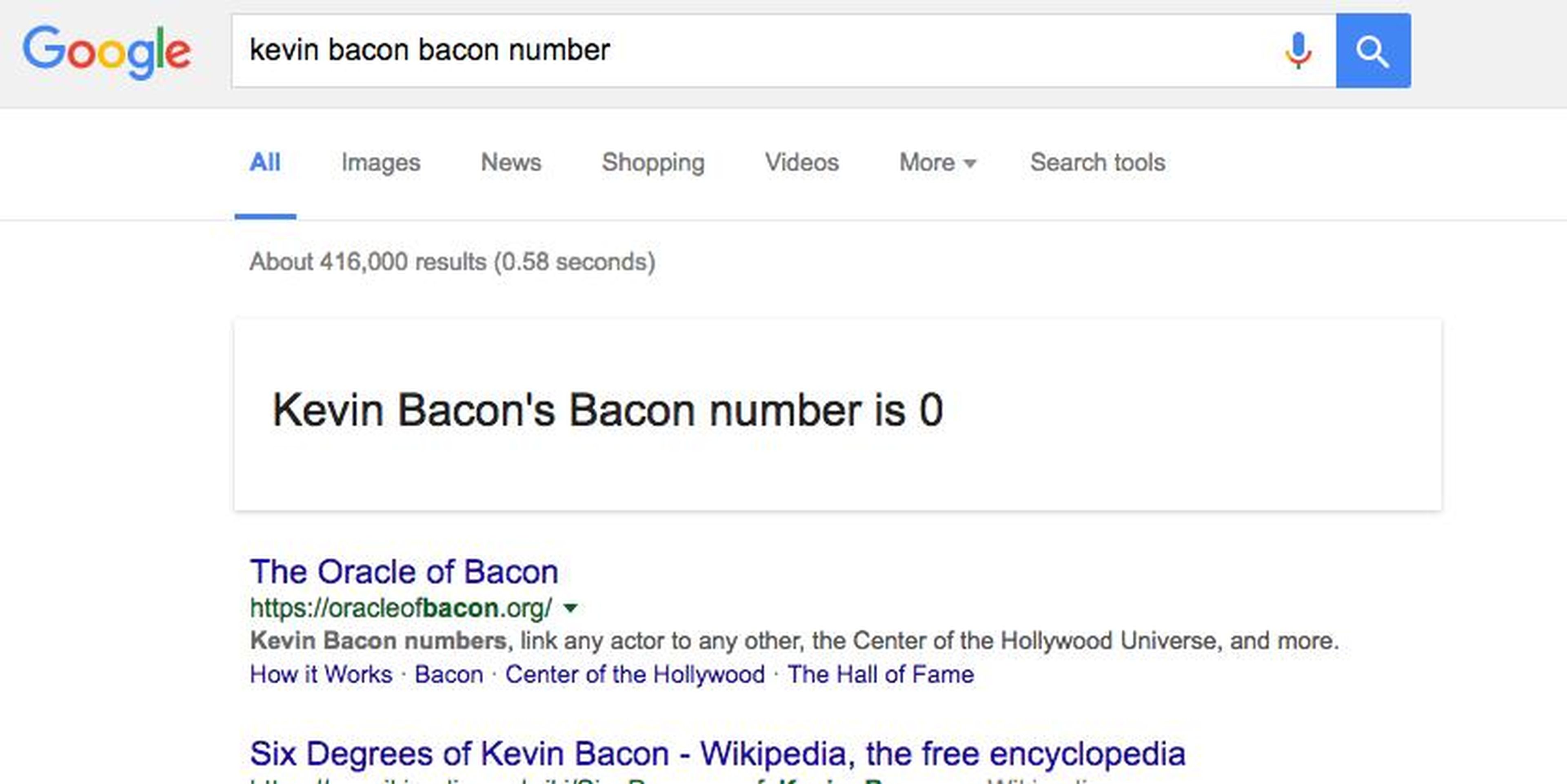 21. Because all of existence comes back to Kevin Bacon in the end, searching “bacon number” after a celebrity’s name will tell you just how many degrees of separation are between that celebrity and the star of "Hollow Man."