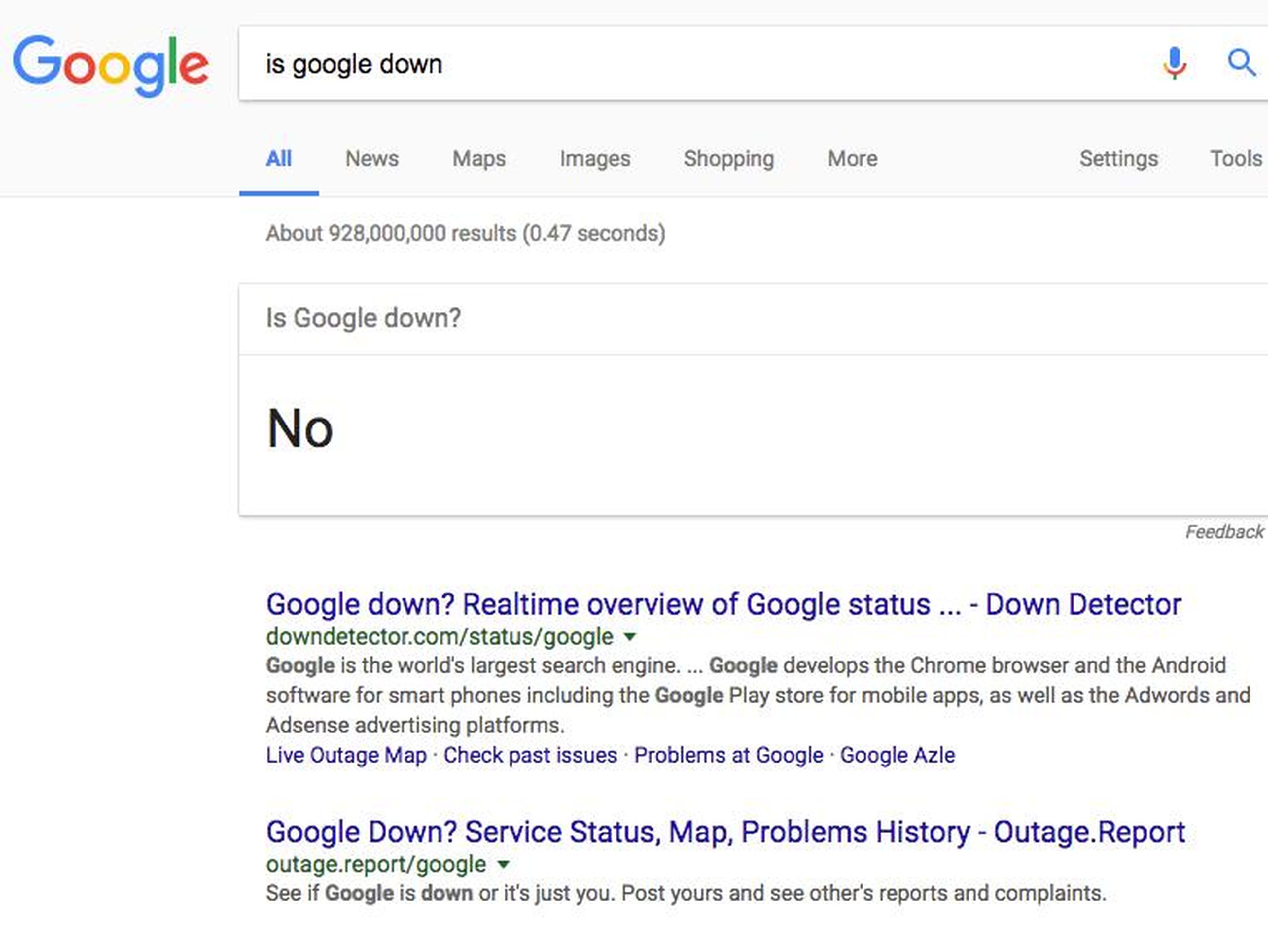 24. If you search "Is Google down" you'll get a concise "no."