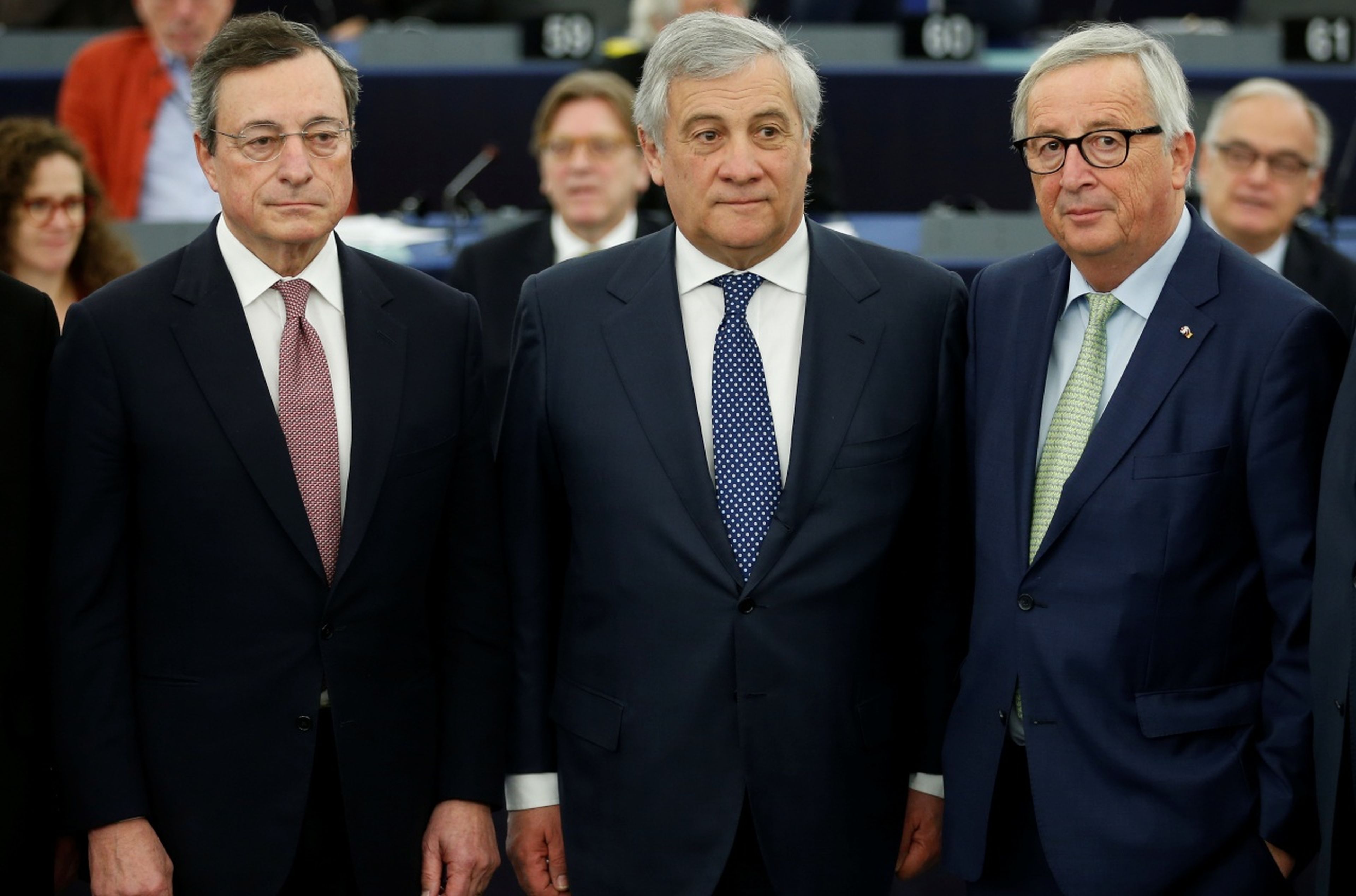 Los actuales presidentes del BCE, Mario Draghi, de la Eurocámara, Antonio Tajani, y de la Comisión, Jean-Claude Juncker