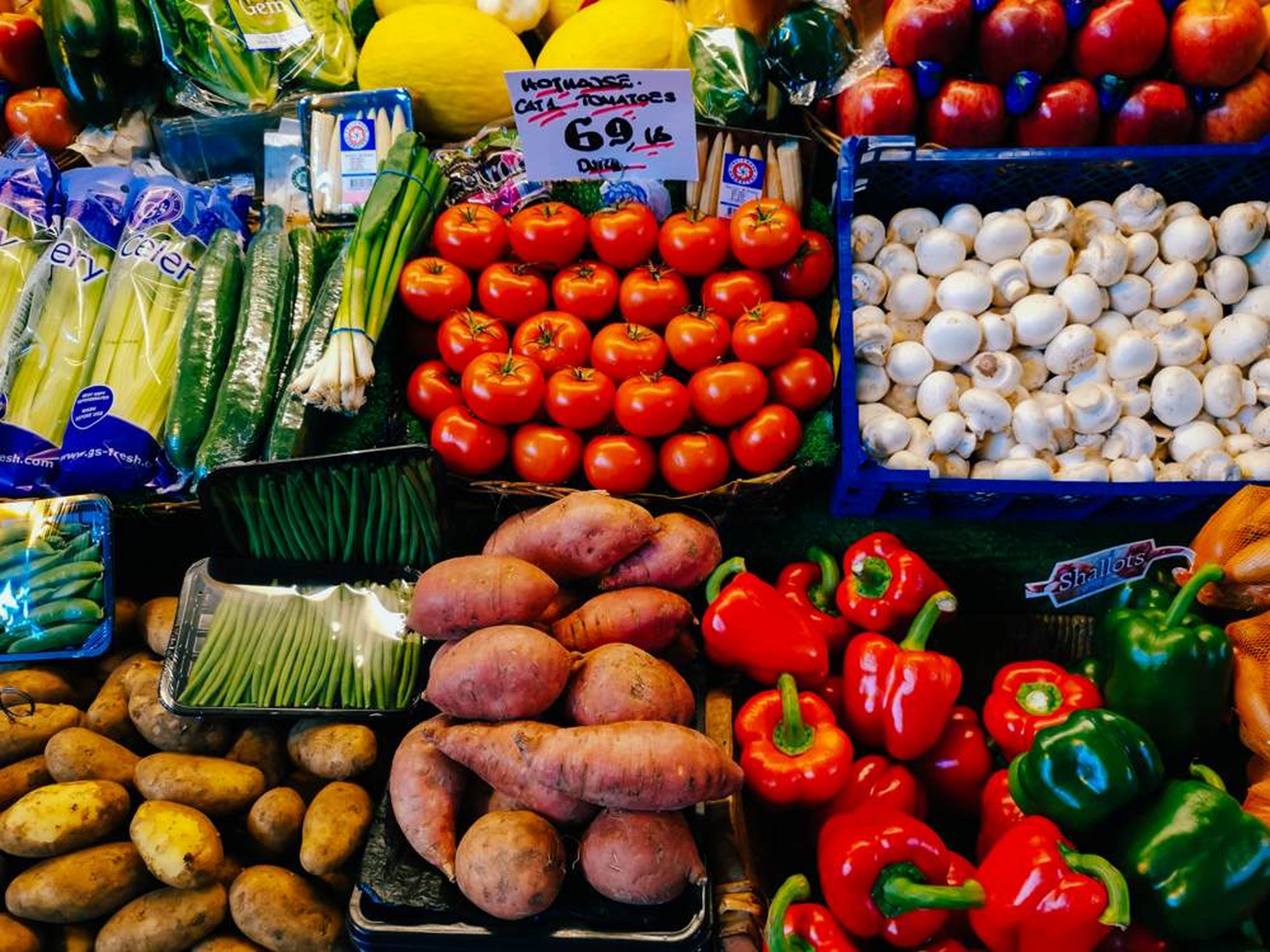 alimentos plástico, frutería, mercado, vegetales