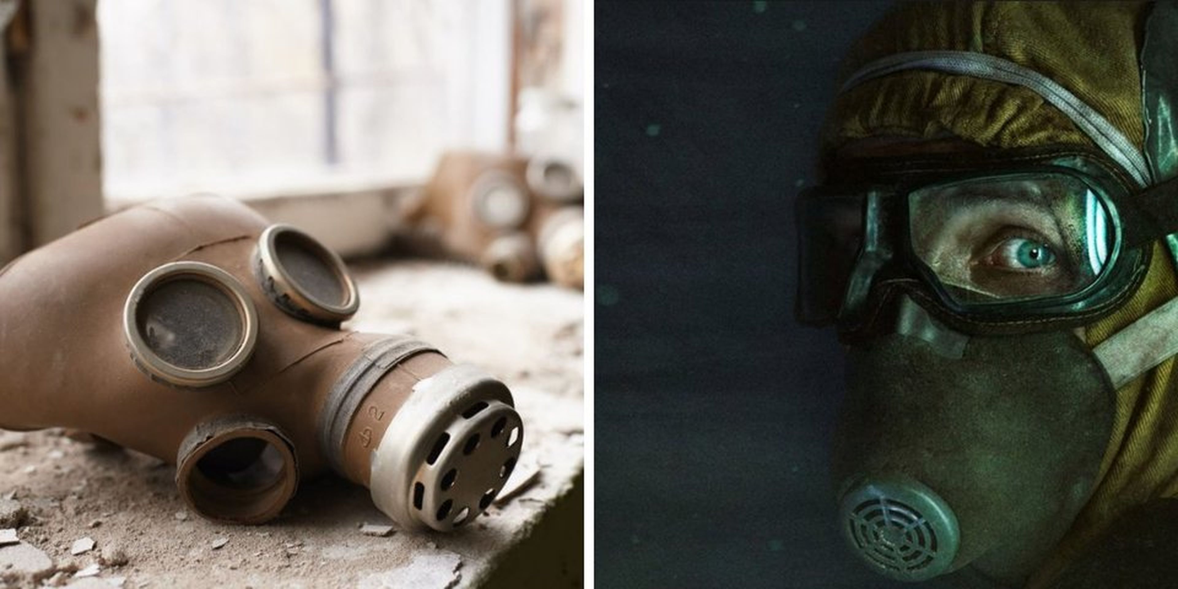 Una máscara para respirar utilizada en Chernobyl (izquierda) respecto de la utilizada en la serie (derecha).