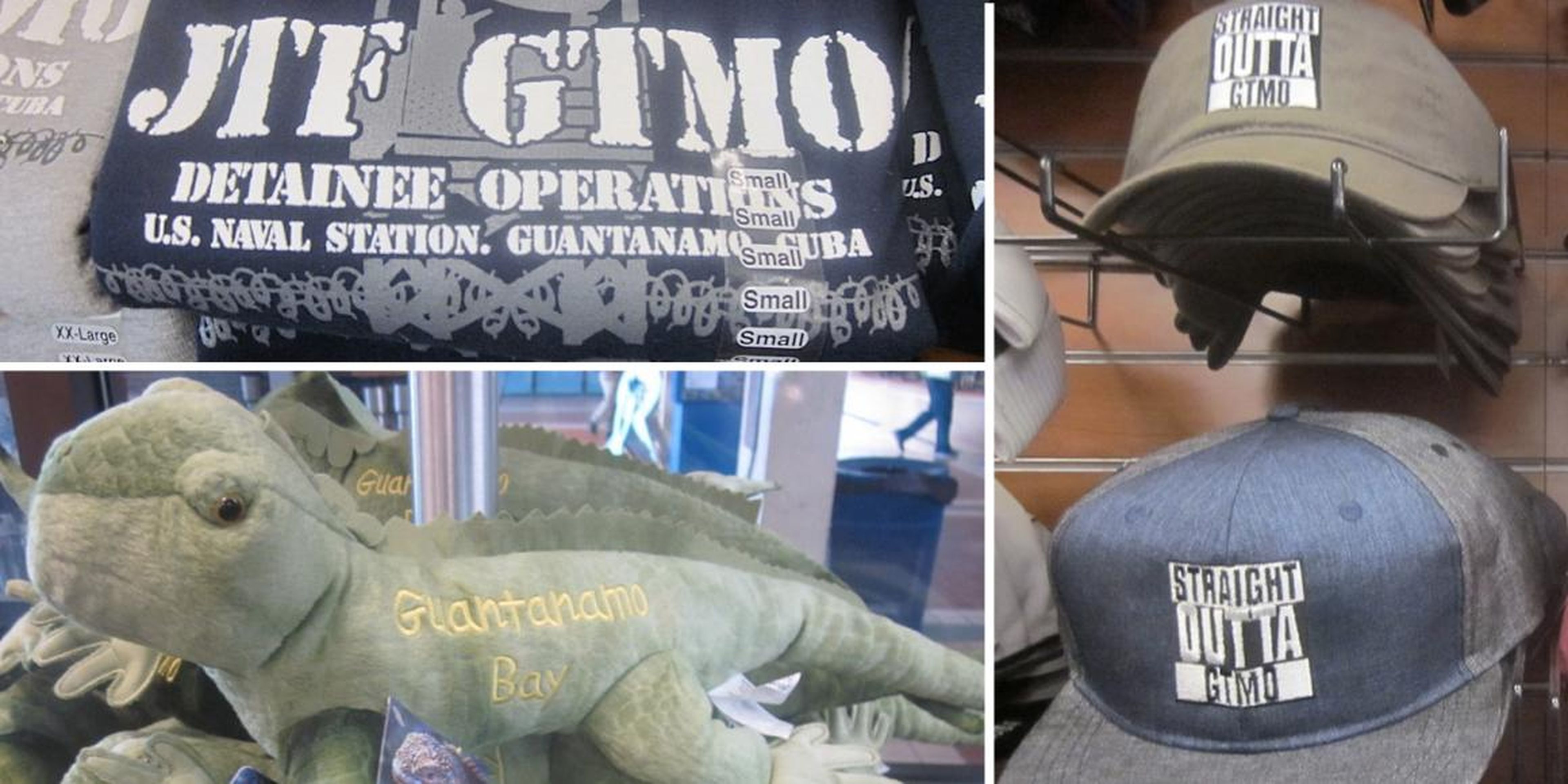 A composite image showing items for sale in a US Navy gift shop in Guantanamo Bay, Cuba.