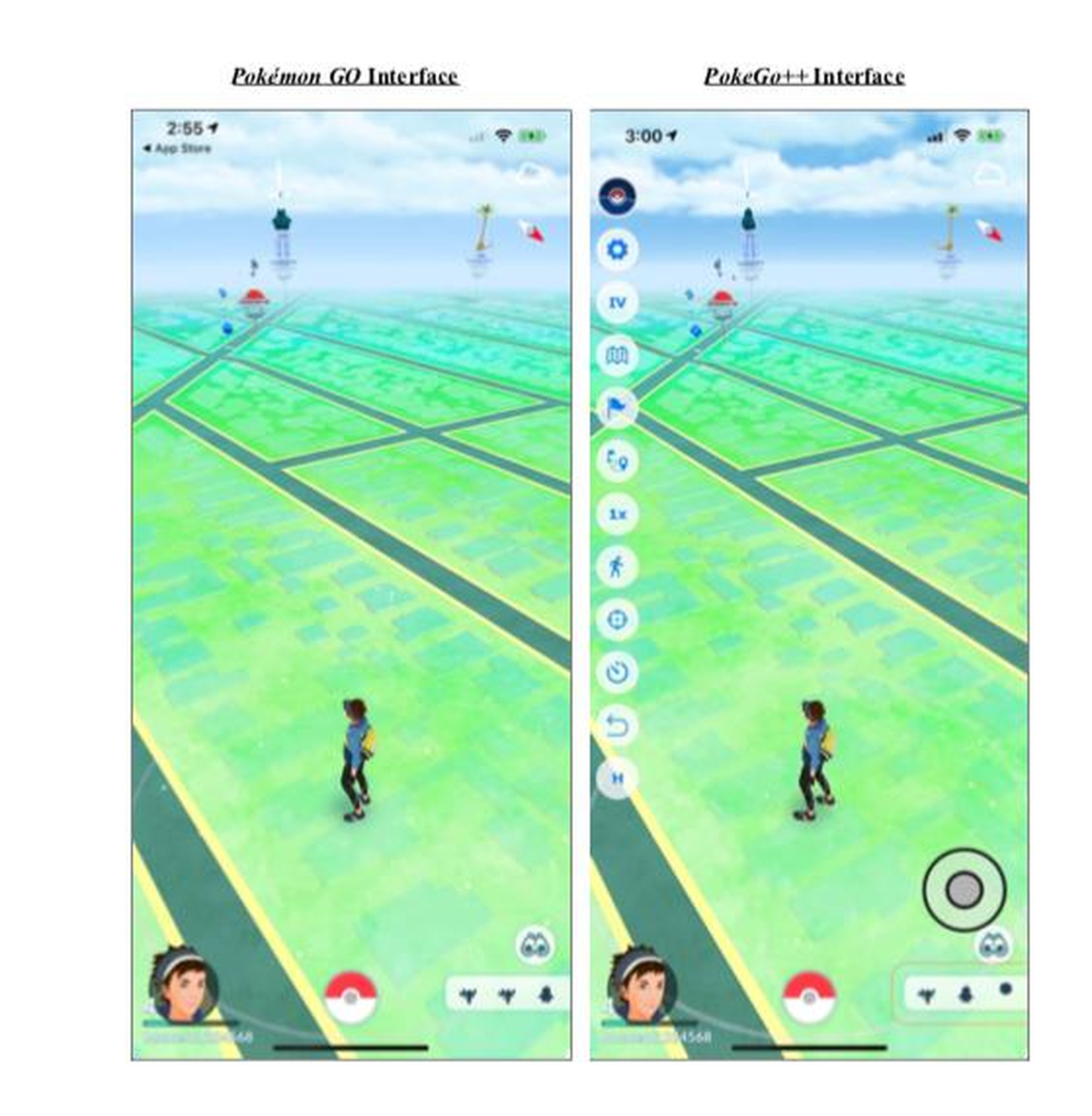 Esta captura del juego, adjunta a la demanda, muestra la app de Pokémon Go normal (a la izquierda) junto a PokeGo++, que presumiblemente ayuda a los jugadores a hacer trampas dándoles una serie de ventajas.