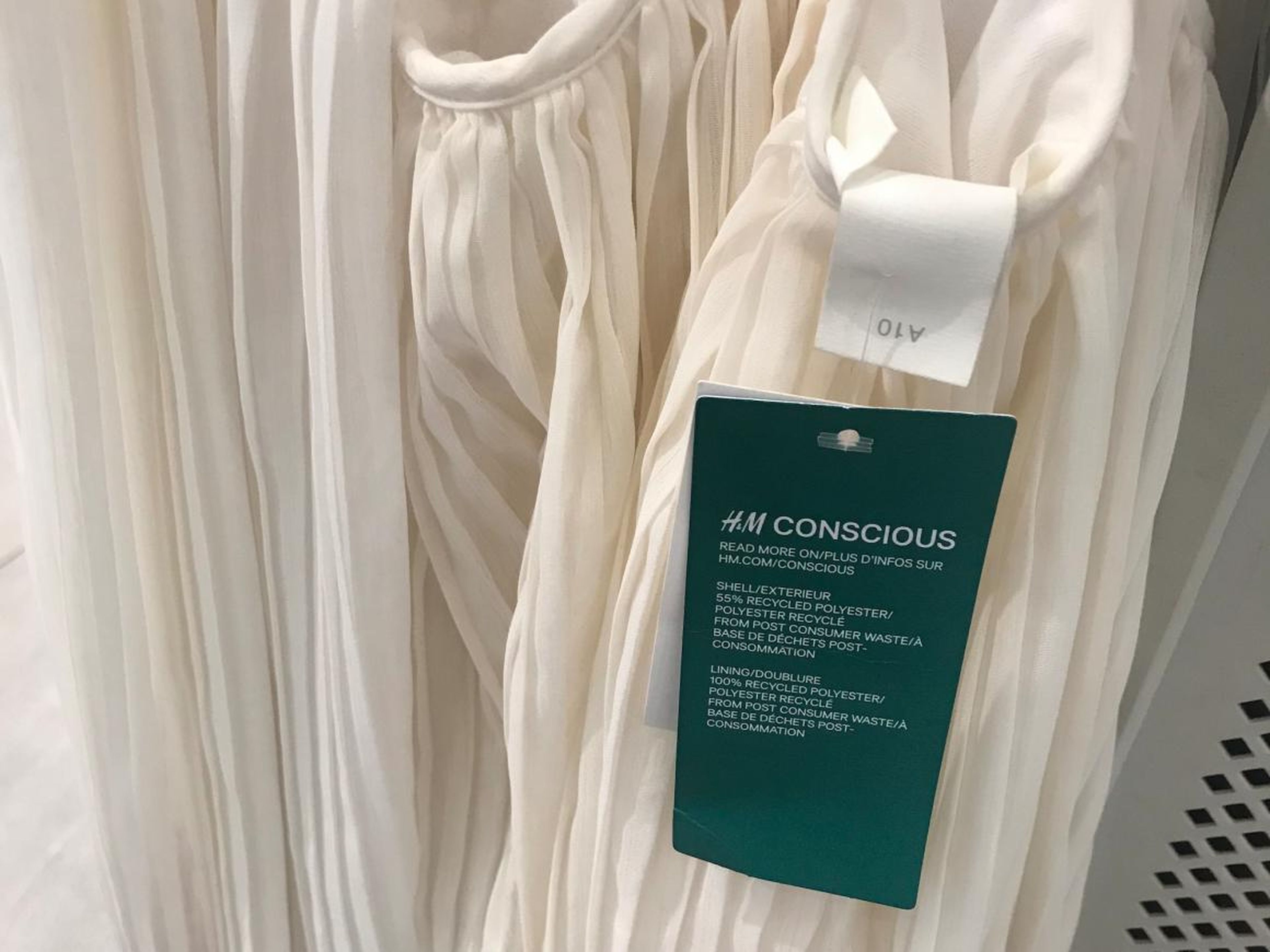 H&M has continued to build out its H&M Conscious line, a collection of eco-friendly and sustainable products made out of recycled materials. Here is an H&M Conscious tag on a dress.