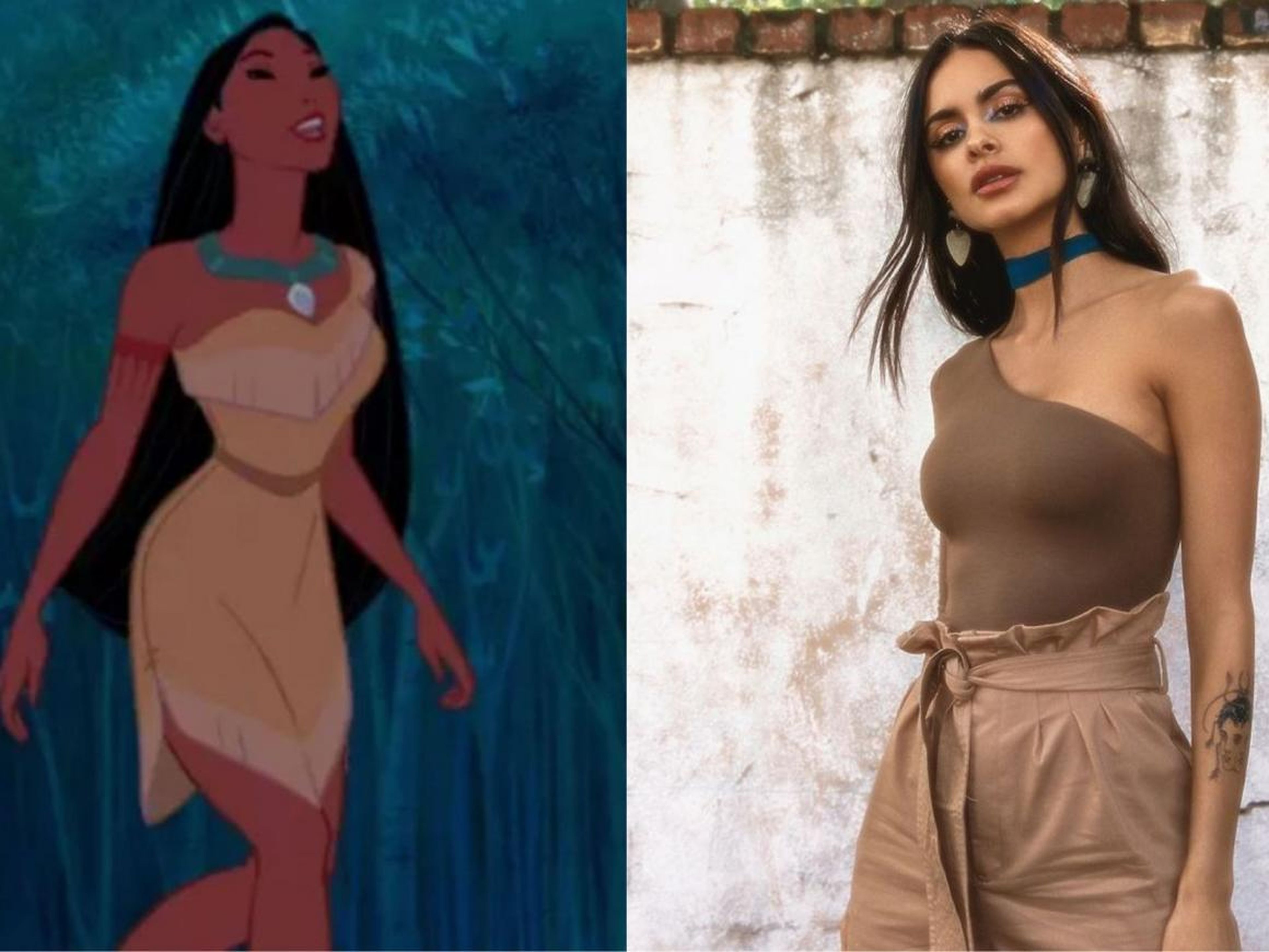Izquierda: Pocahontas. Derecha: la modelo Sophia Esperanza. Maquillaje de Hayley Kassel.