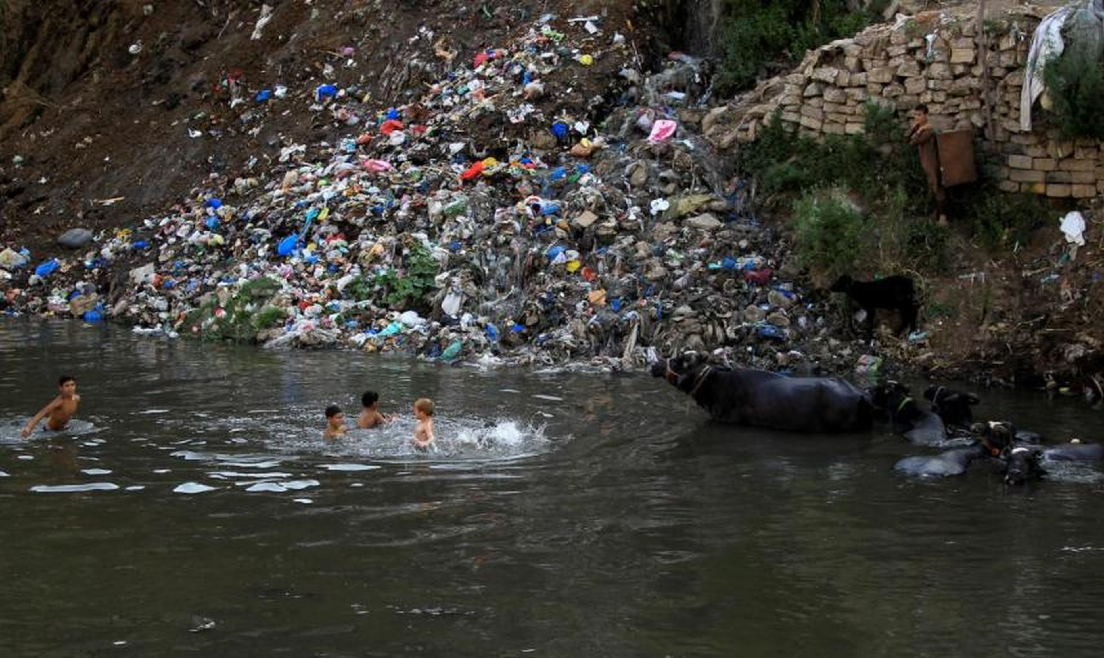 Unos niños nadan en un río contaminado cerca de un vertedero de basura en Rawalpindi, Pakistán.