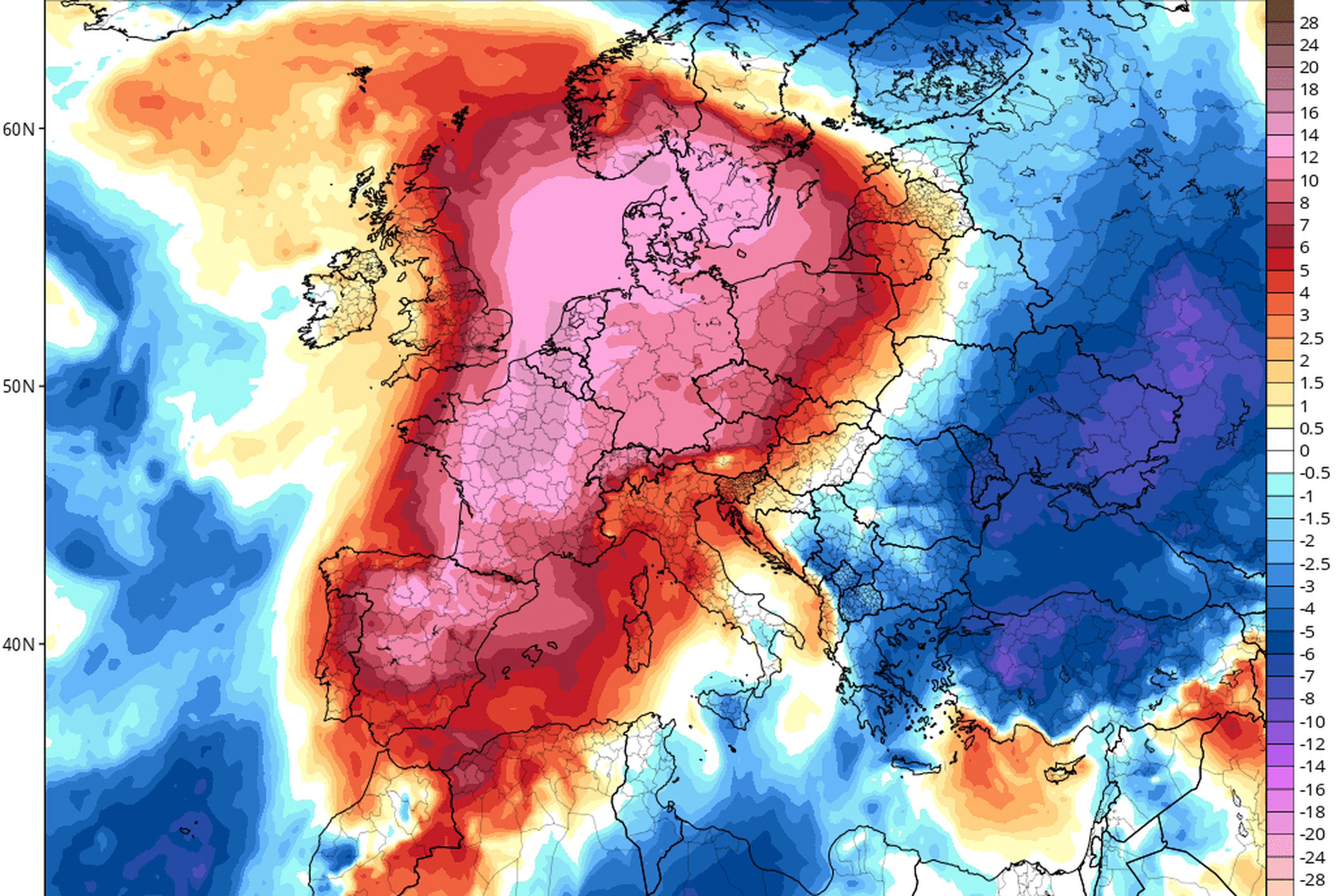 La anomalía de temperaturas en Europa para este domingo: hará mucho más calor del habitual en España, Francia, Alemania, Suiza, Países Bajos o Dinamarca.