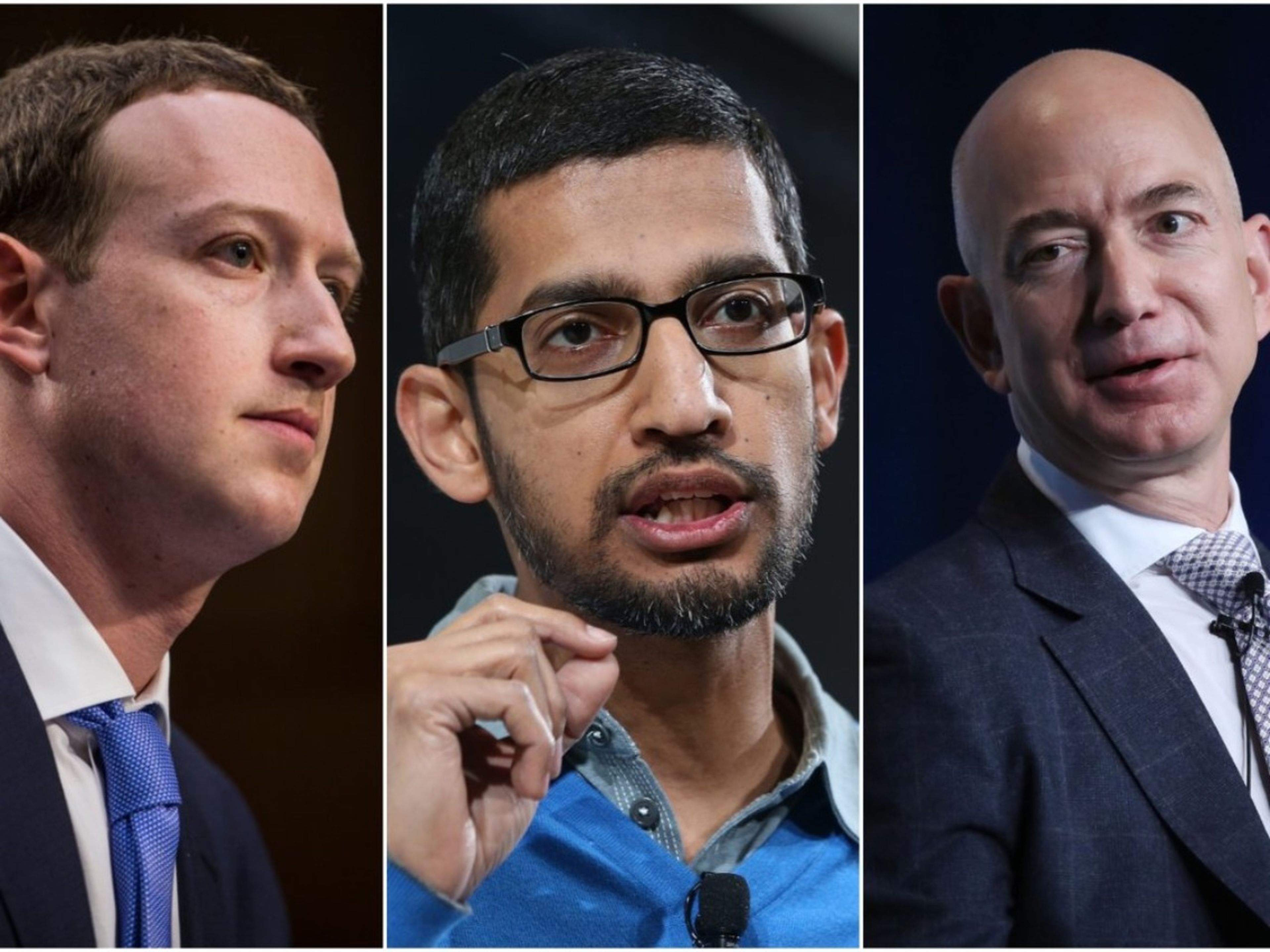 Mark Zuckerberg, Sundar Pichai y Jeff Bezos, los CEO de Facebook, Google y Amazon