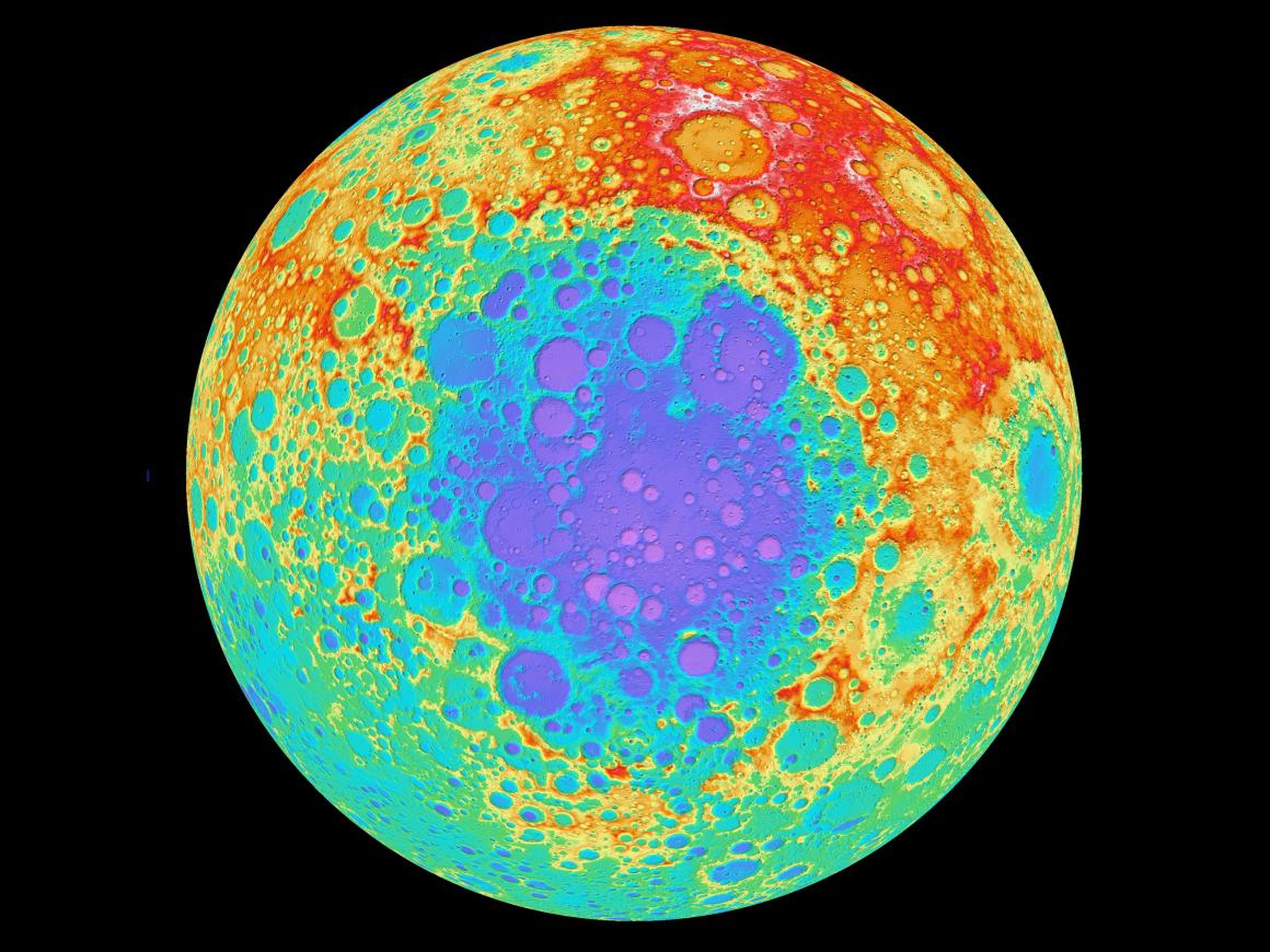 The mysterious lunar lump exists below the surface of the lunar South Pole-Aitken Basin (in blues and purples).