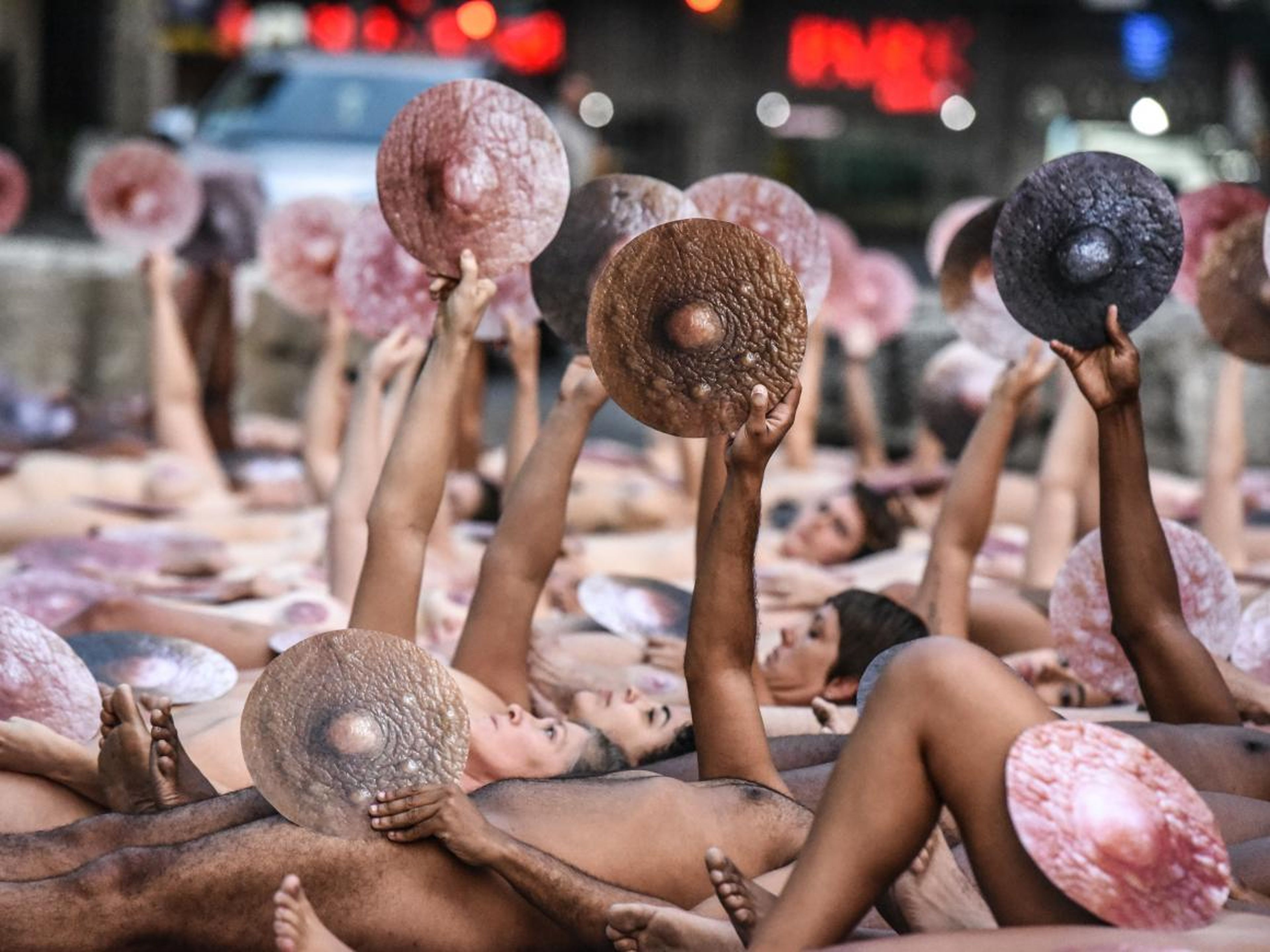 Naked people outside Facebook's New York office on Sunday.