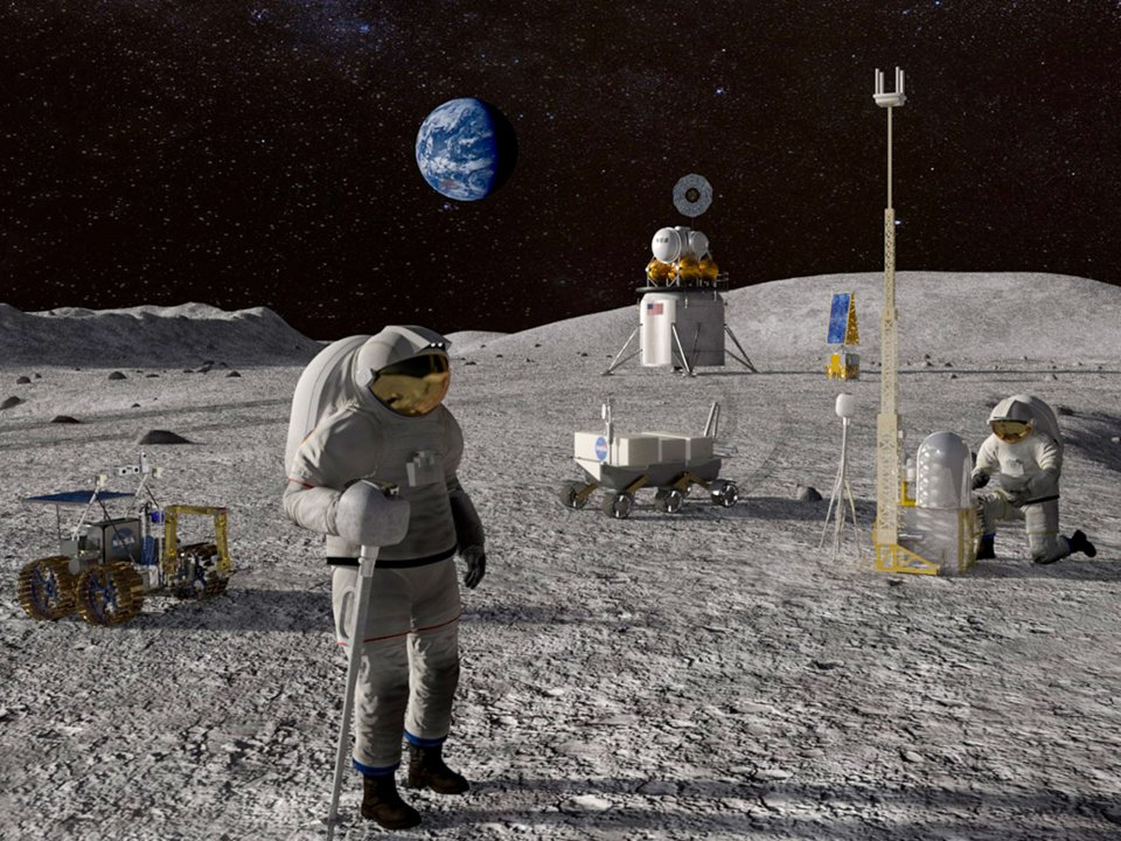 Una recreación de una misión tripulada del proyecto Artemisa en la Luna.