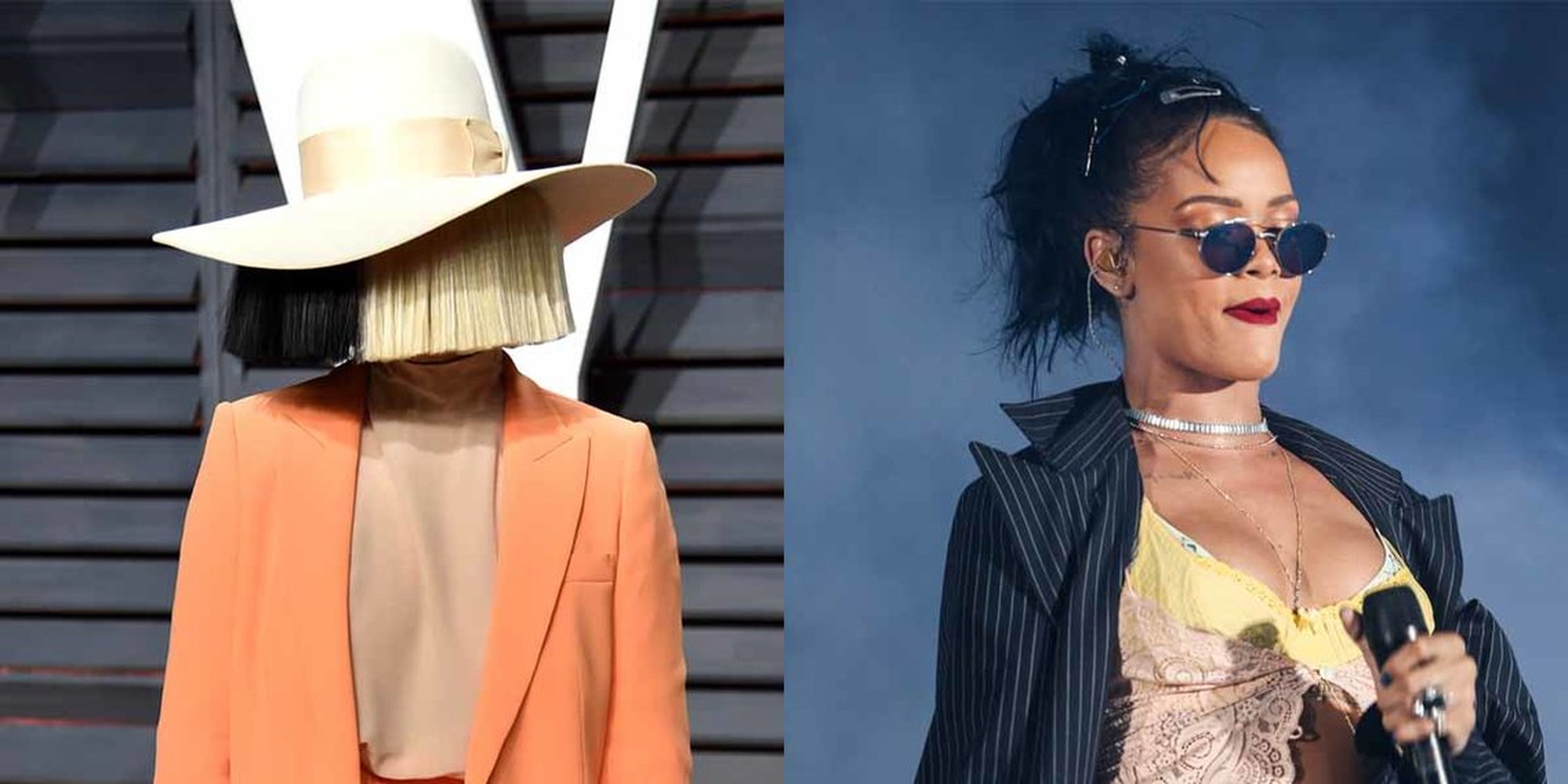 Sia en 2017 en la Vanity Fair Oscar Party; Rihanna actuando en 2015.
