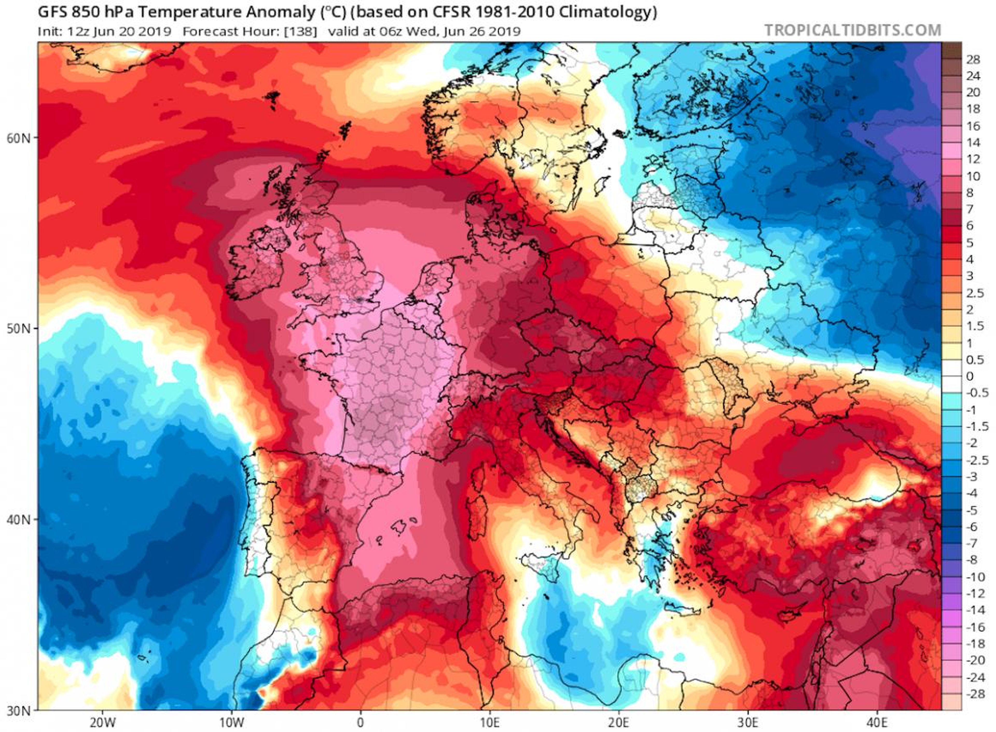 Las anomalías de temperatura en toda Europa a partir del 26 de junio de 2019.