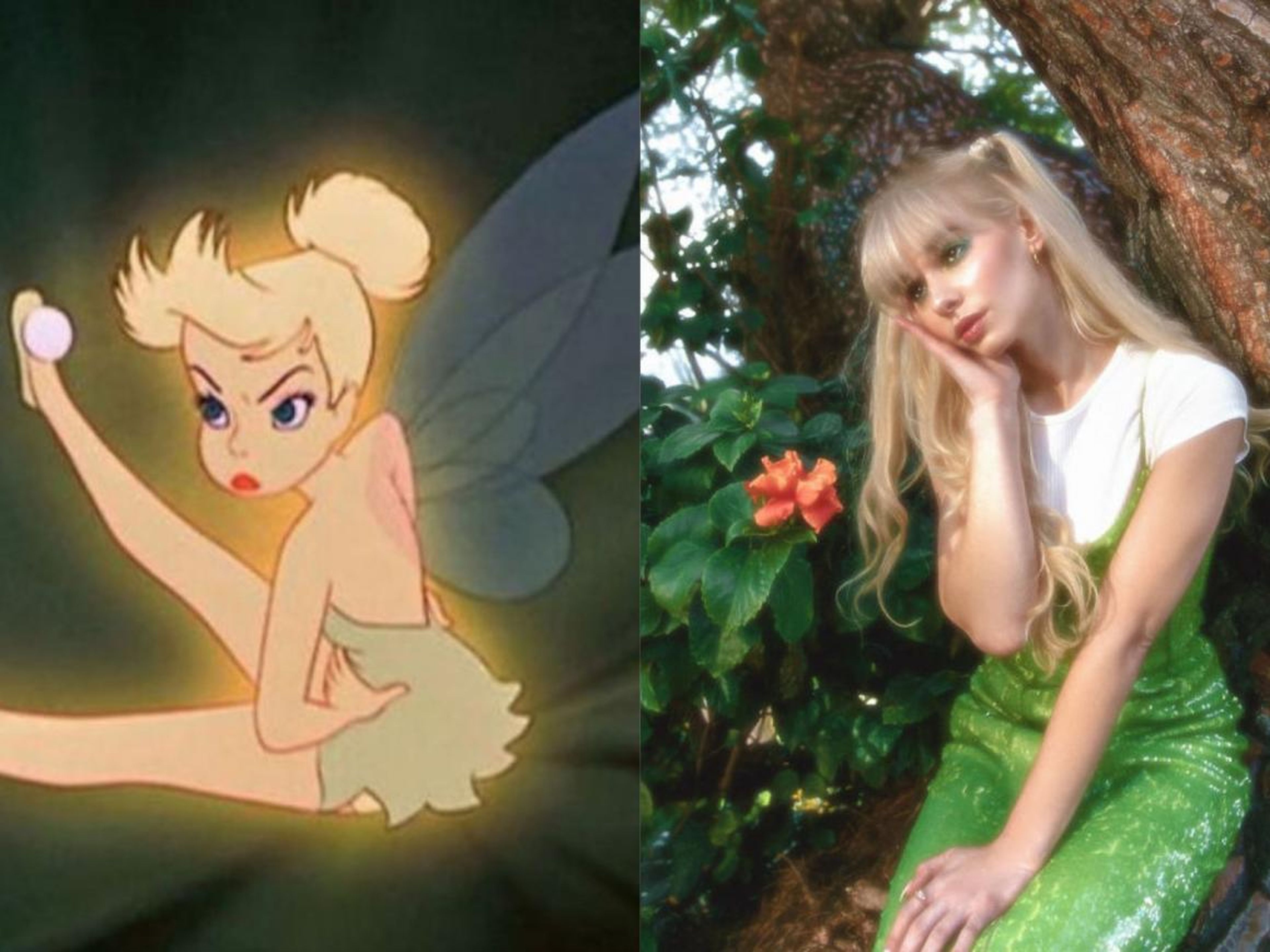Izquierda: Campanilla. Derecha: la modelo Paulina Shafir. Maquillaje de Hayley Kassel.