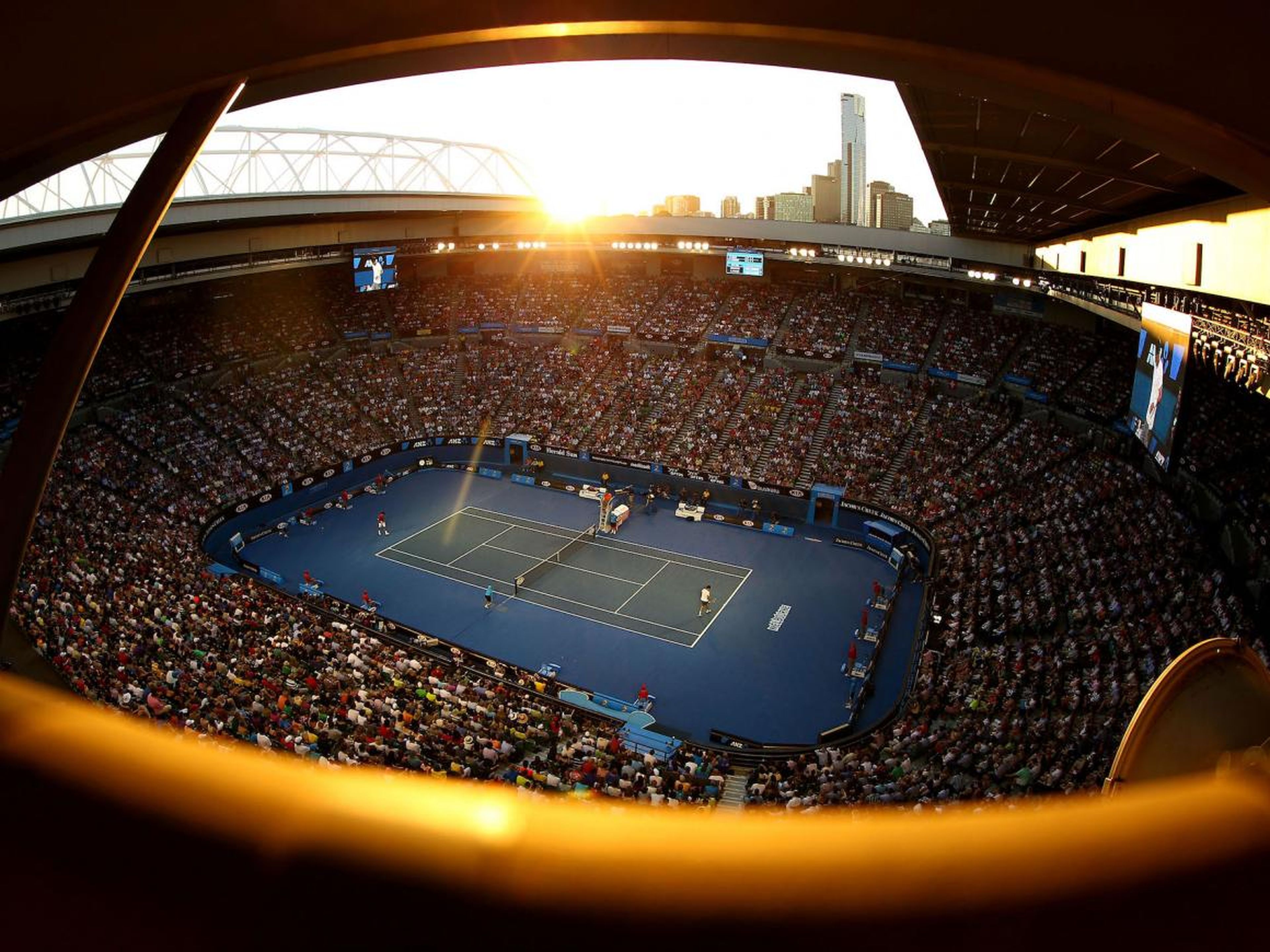 The vibe is almost peaceful as the sun sets on the Australian Open.