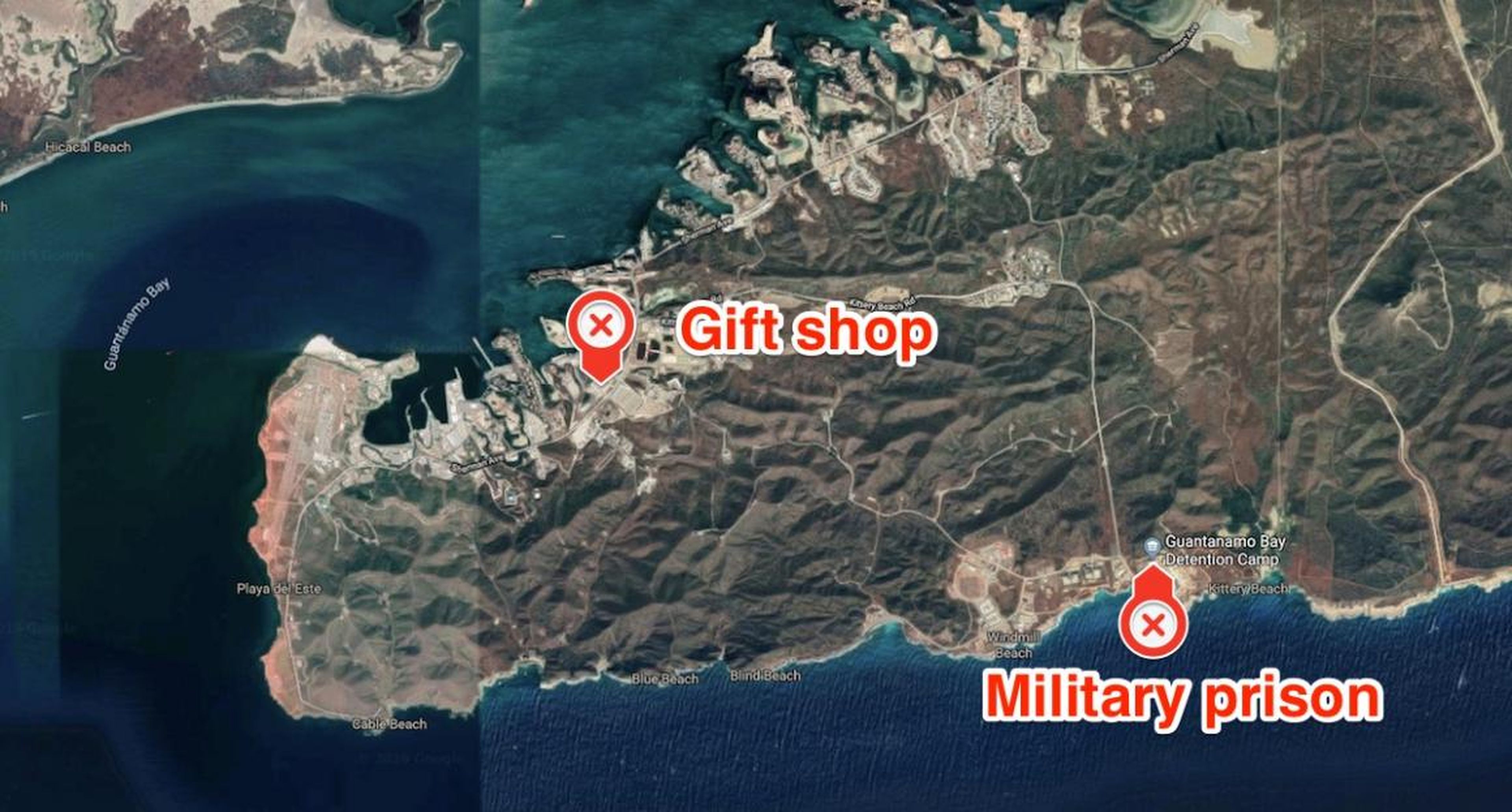 Welcome to southwestern Guantanamo Bay, Cuba, an island that's home to a US naval base and notorious high-security detention camp. The gift store and military prison are about 4.5 miles away from each other.