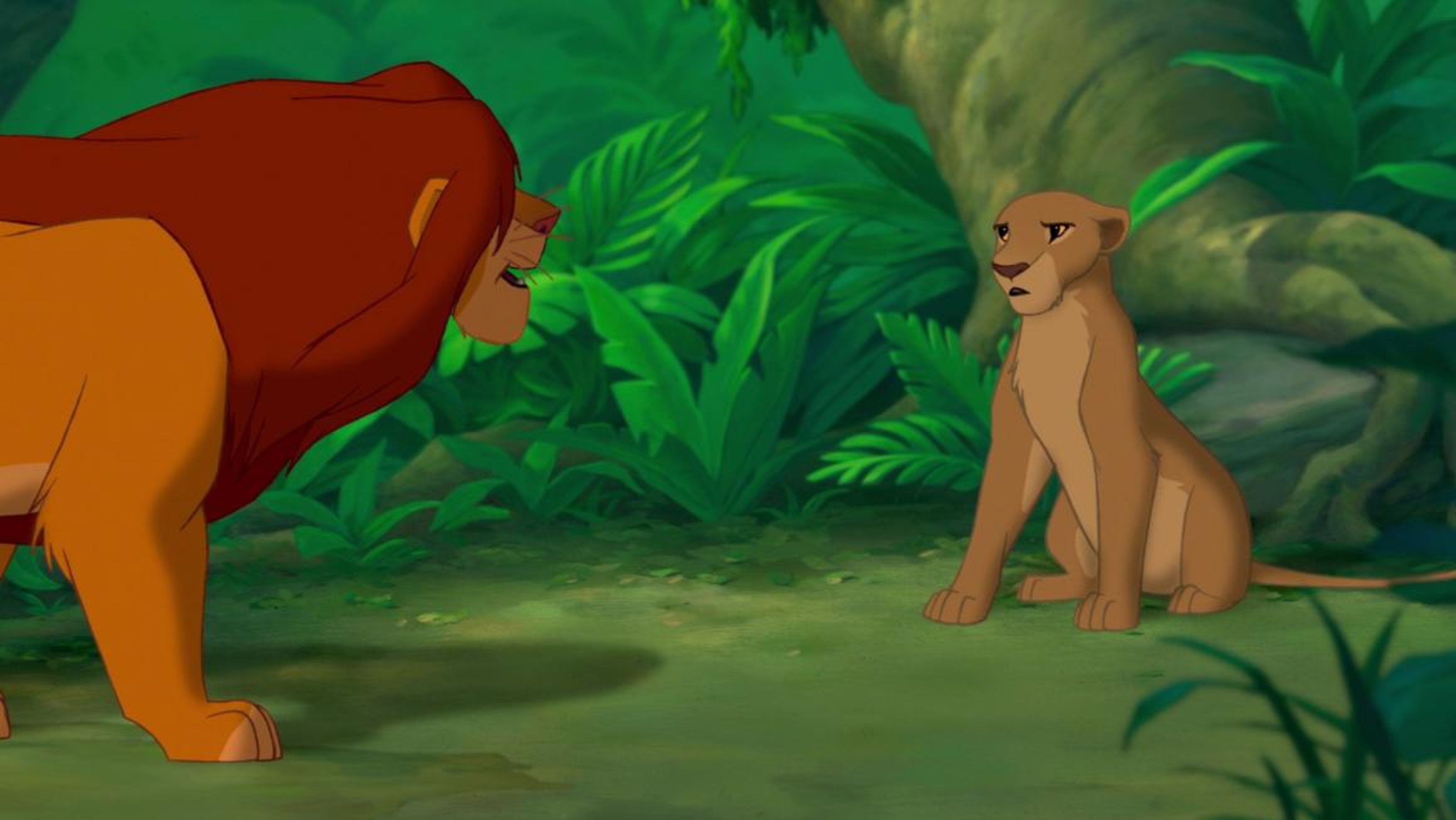 En la original, Nala pregunta a Simba quién es.