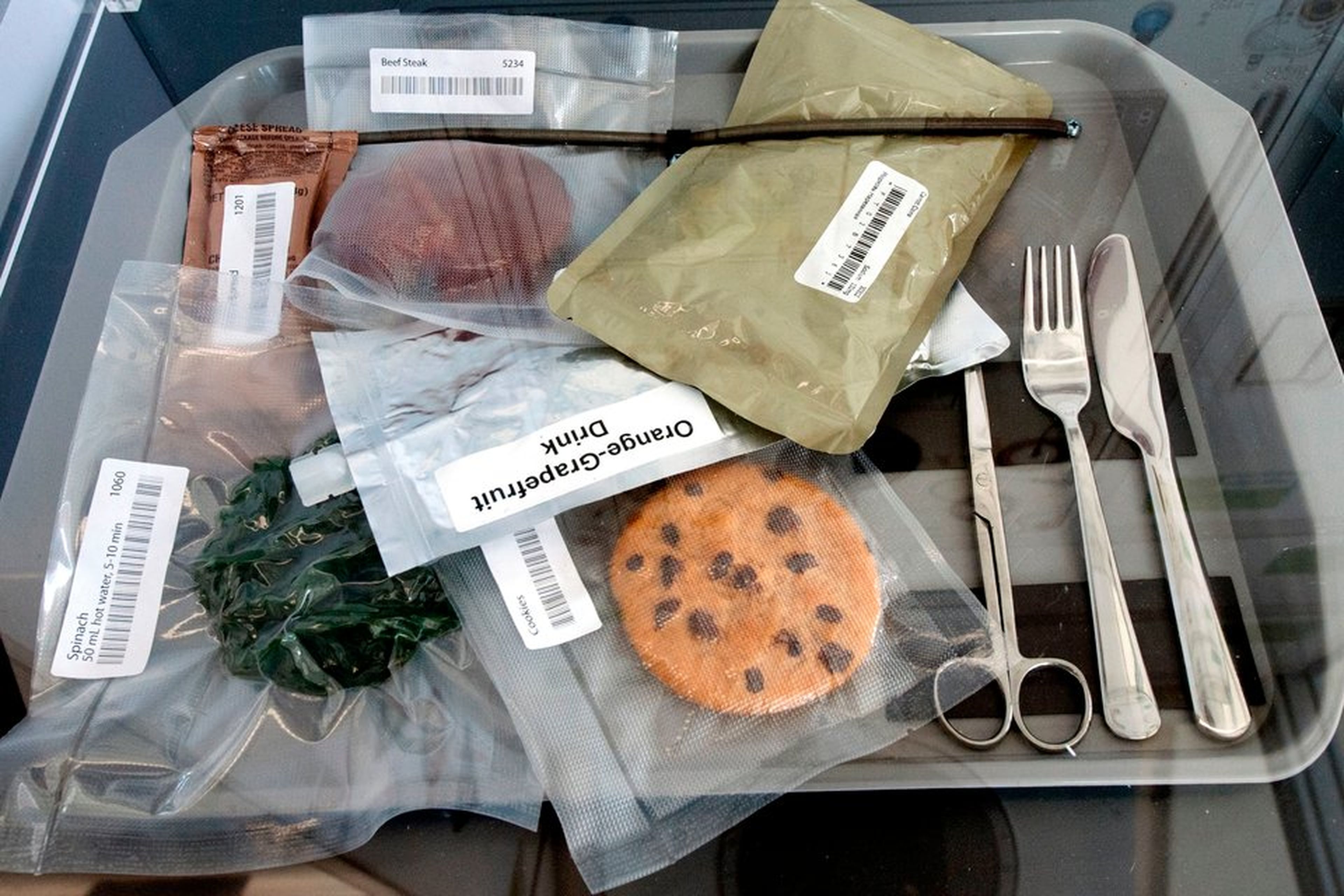 Alimentos envasados al vacío en una exposición dentro del Hábitat Lunar de la NASA en 2019.