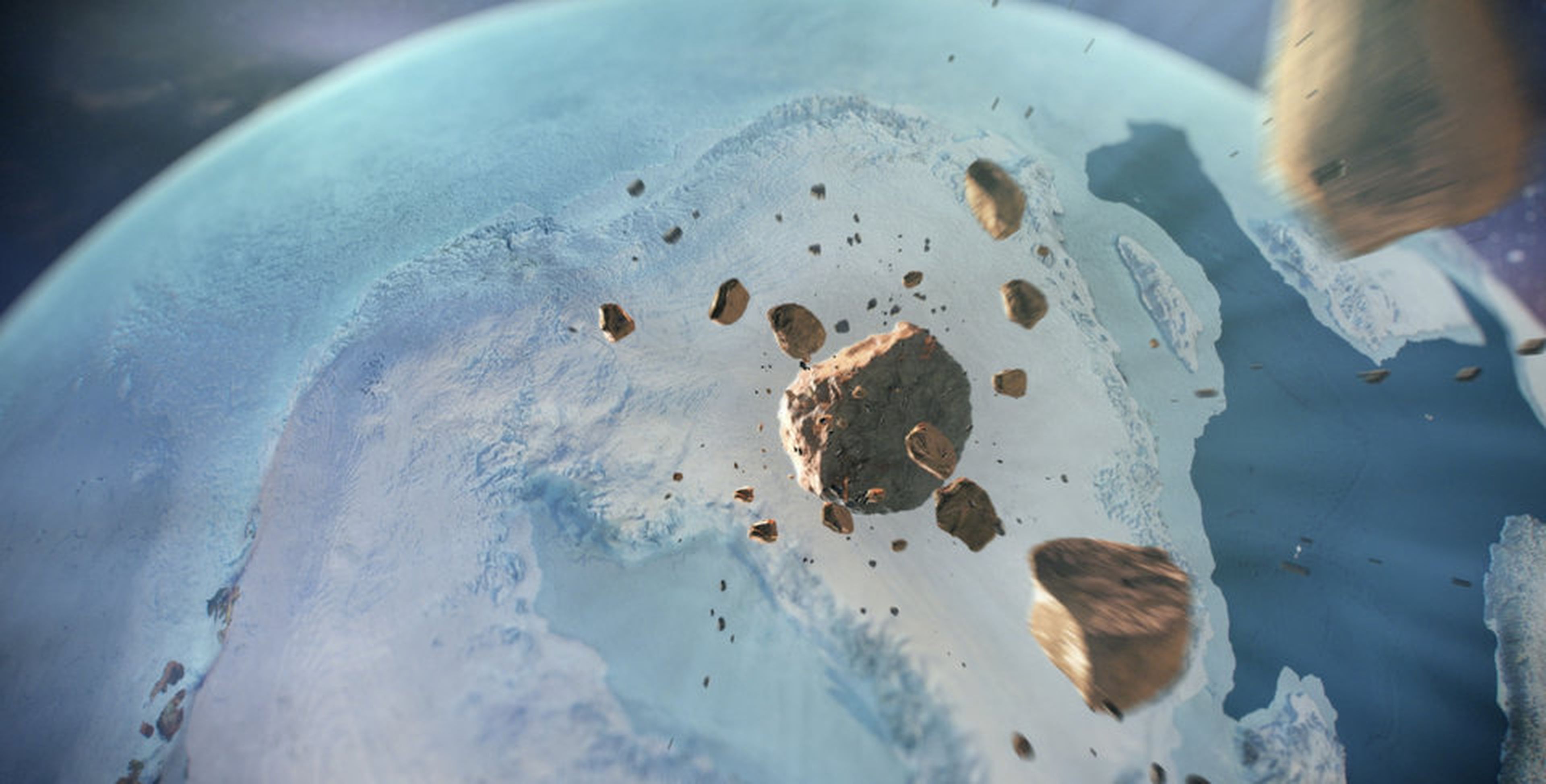 Una ilustración que muestra a varios asteroides dirigiéndose a toda velocidad hacia el norte de Groenlandia.