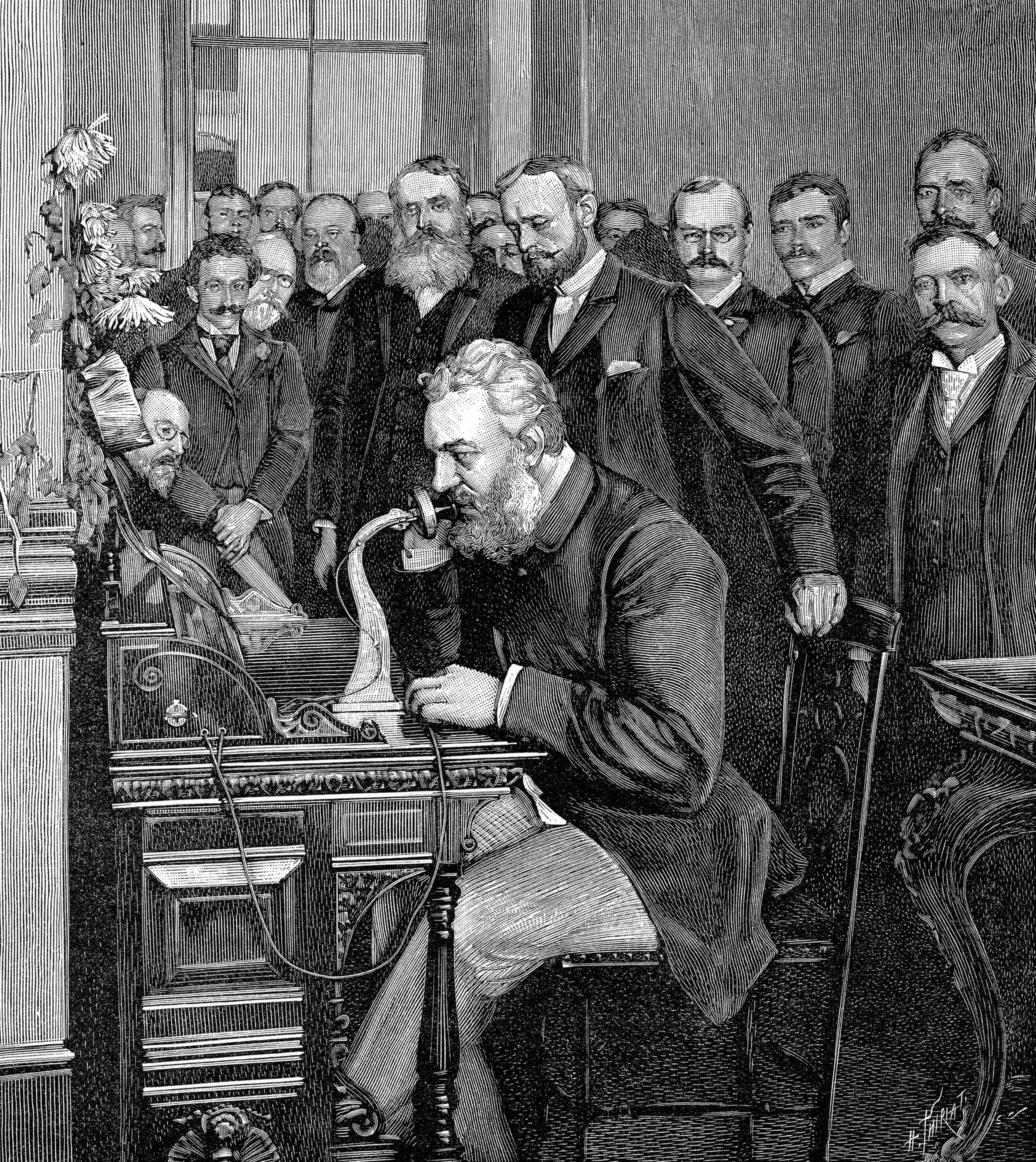 Alexander Graham Bell en la inauguración de la línea telefónica de larga distancia