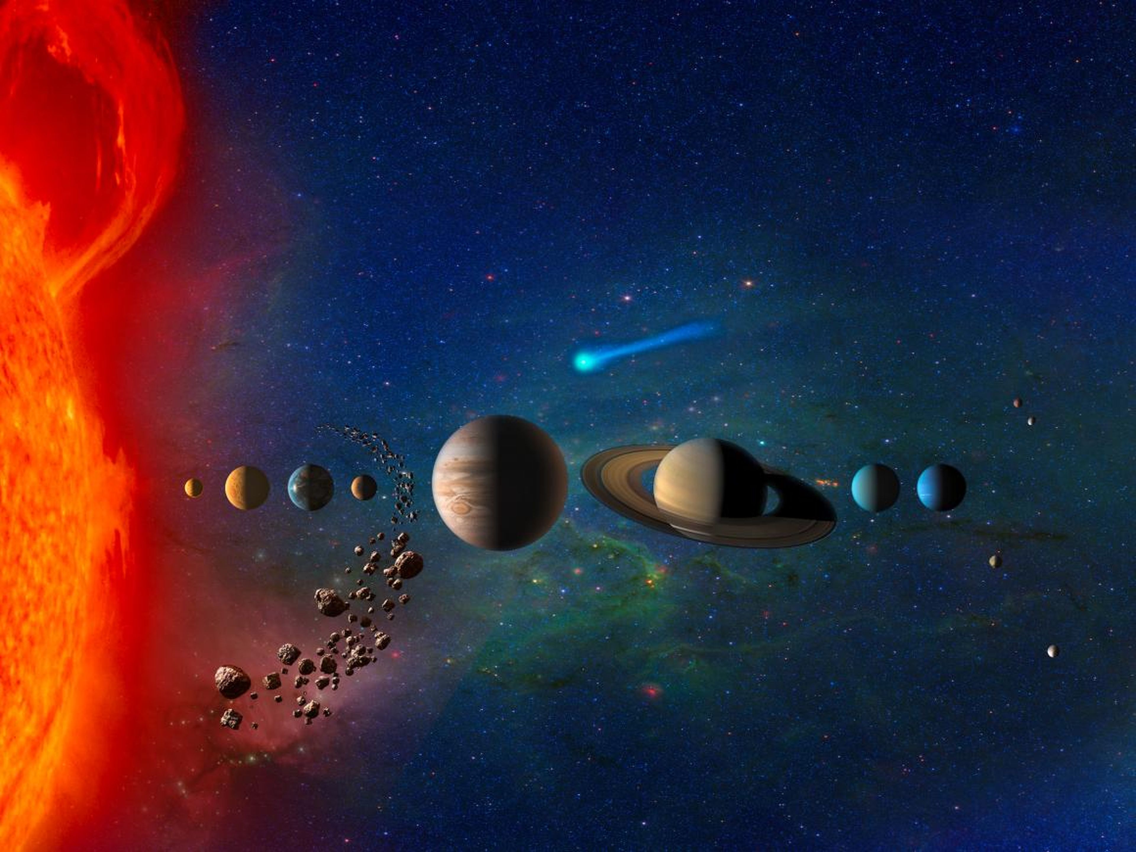 Una ilustración que muestra cómo los planetas en nuestro sistema solar varían mucho en tamaño y composición.