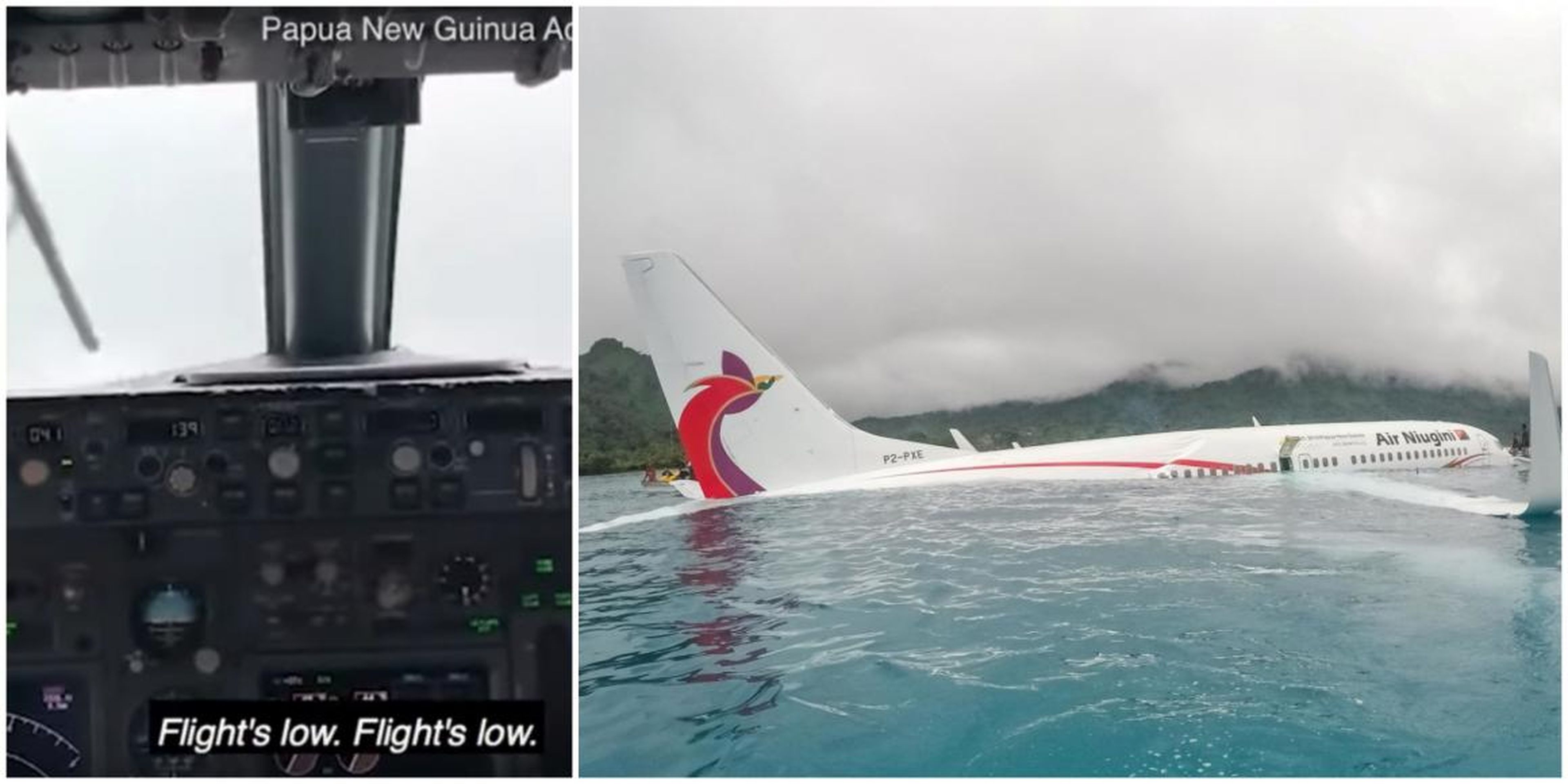La cabina del avión de Air Niugini después de que se estrellara en septiembre, a la izquierda, y el avión en el agua, a la derecha.