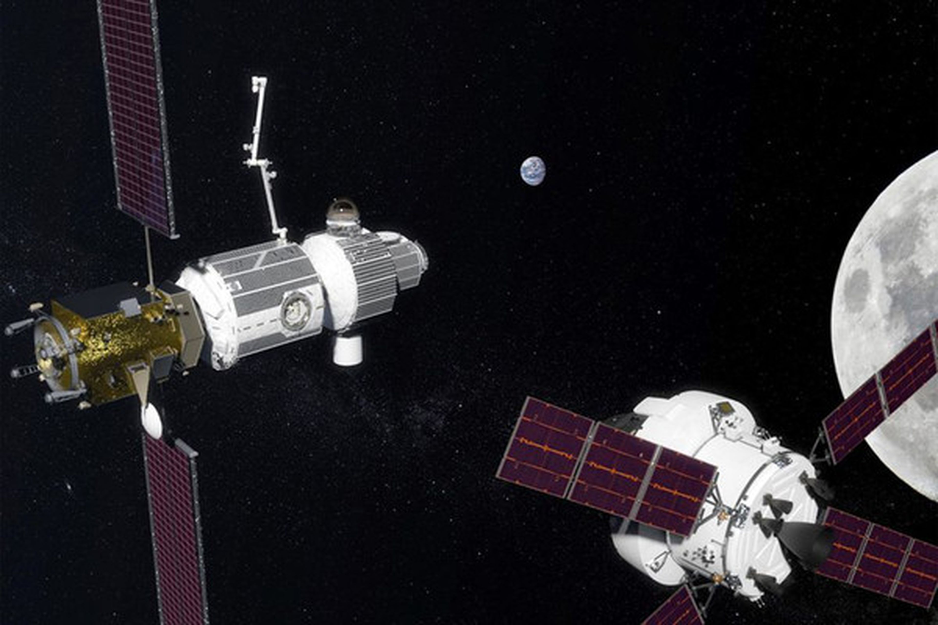 Representación artística de la futura pasarela lunar Gateway de la NASA