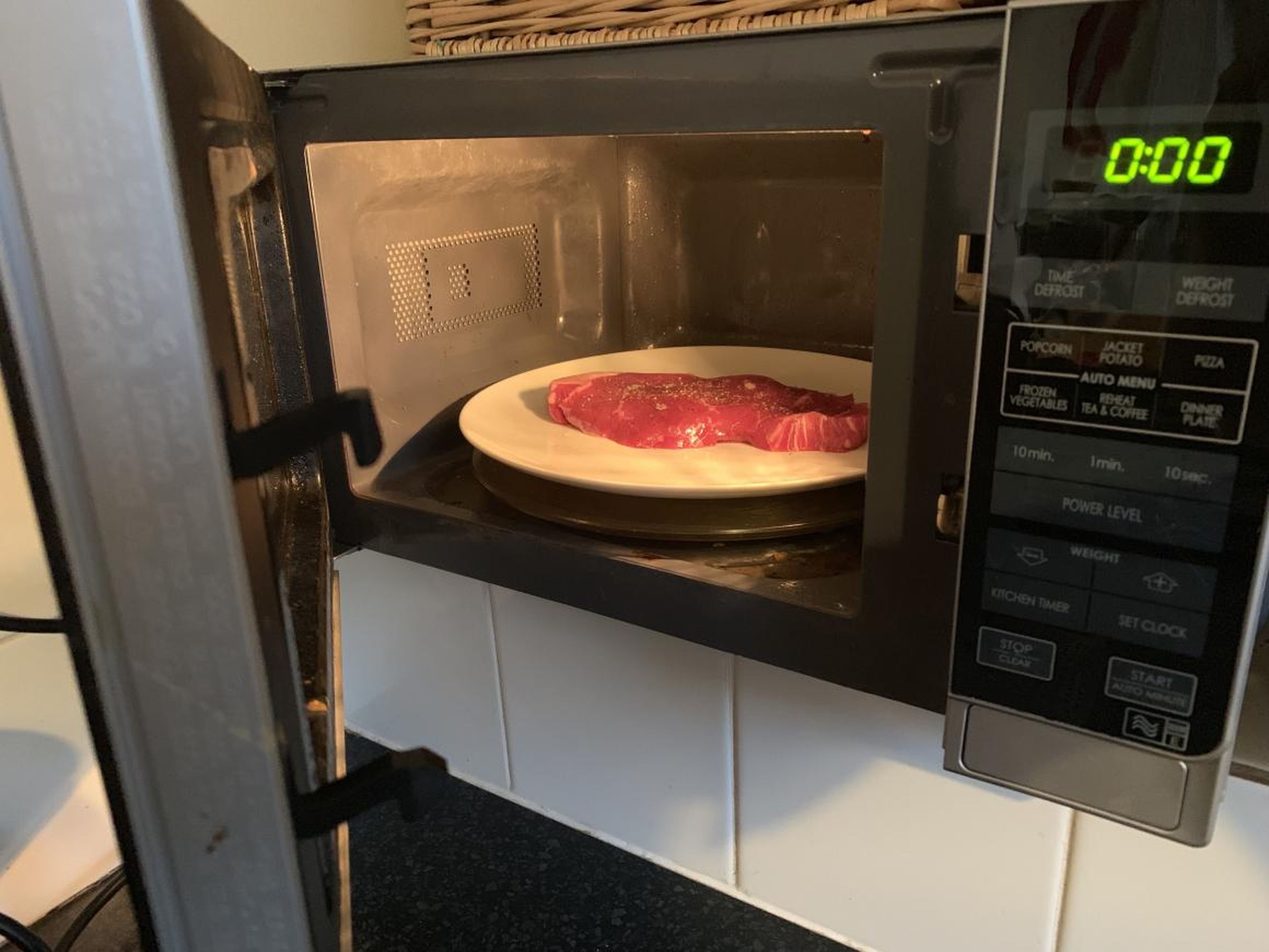 "I reluctantly put the steak into the microwave, going against everything my Bon Appetit subscription has taught me."