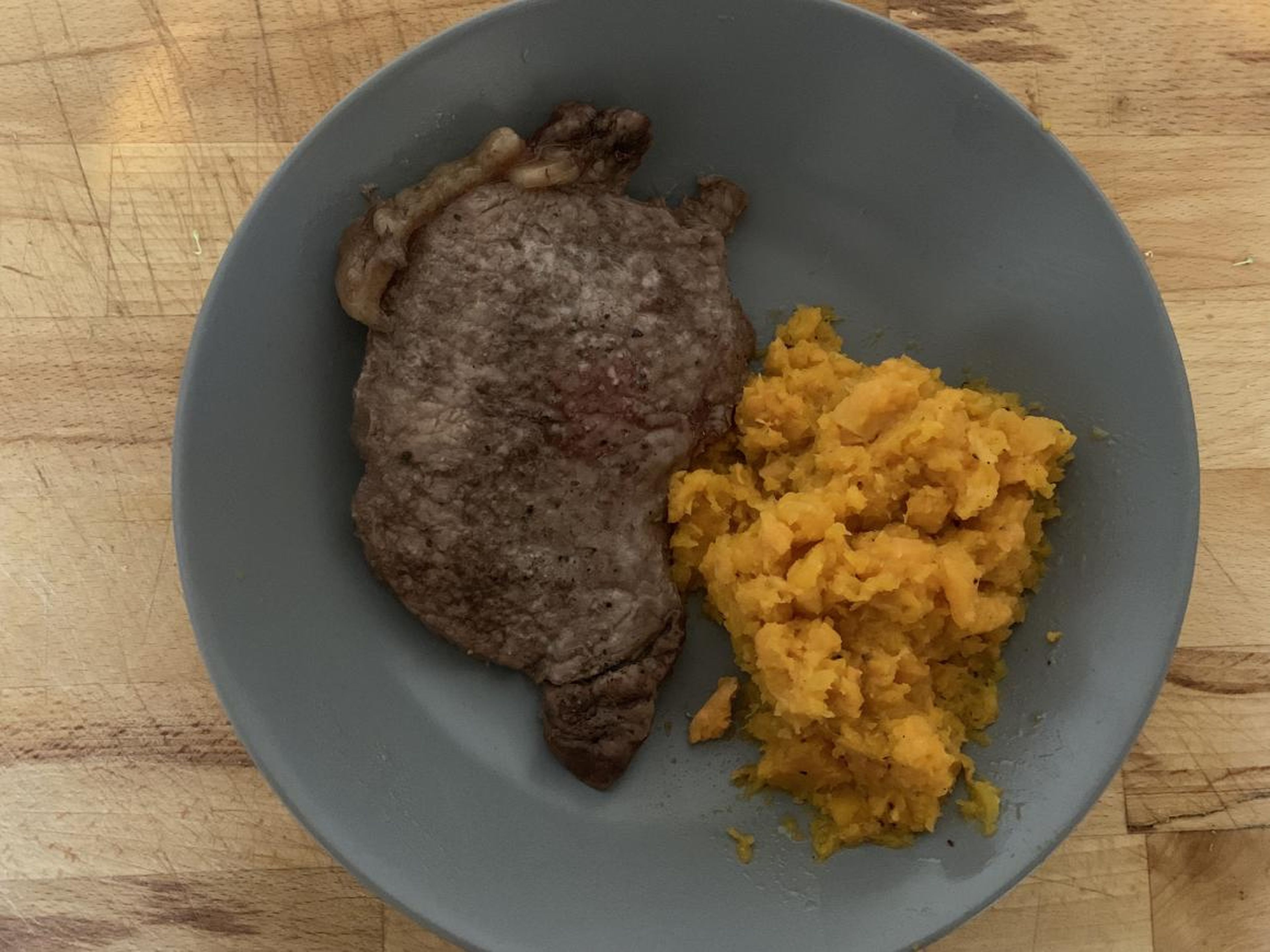 "I served my sad steak with butternut squash and sweet potato mash, as some form of compensation for what I was about to put into my body."