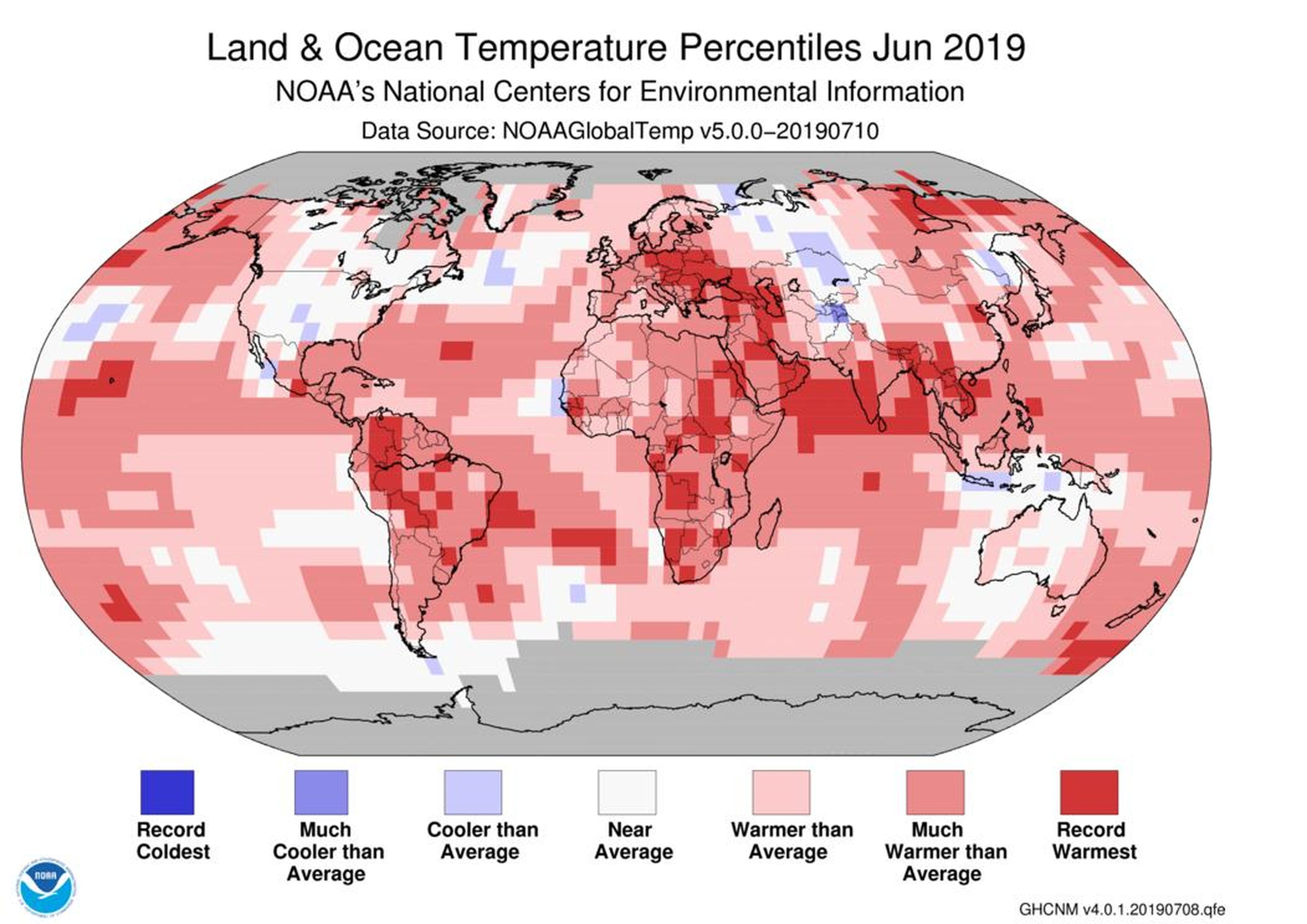 La temperatura de junio en las superficies terrestres y oceánicas mundiales fue de 1,71 °F por encima del promedio del siglo XX de 59,9 °F y fue la más alta de junio en el récord de 1880-2019.