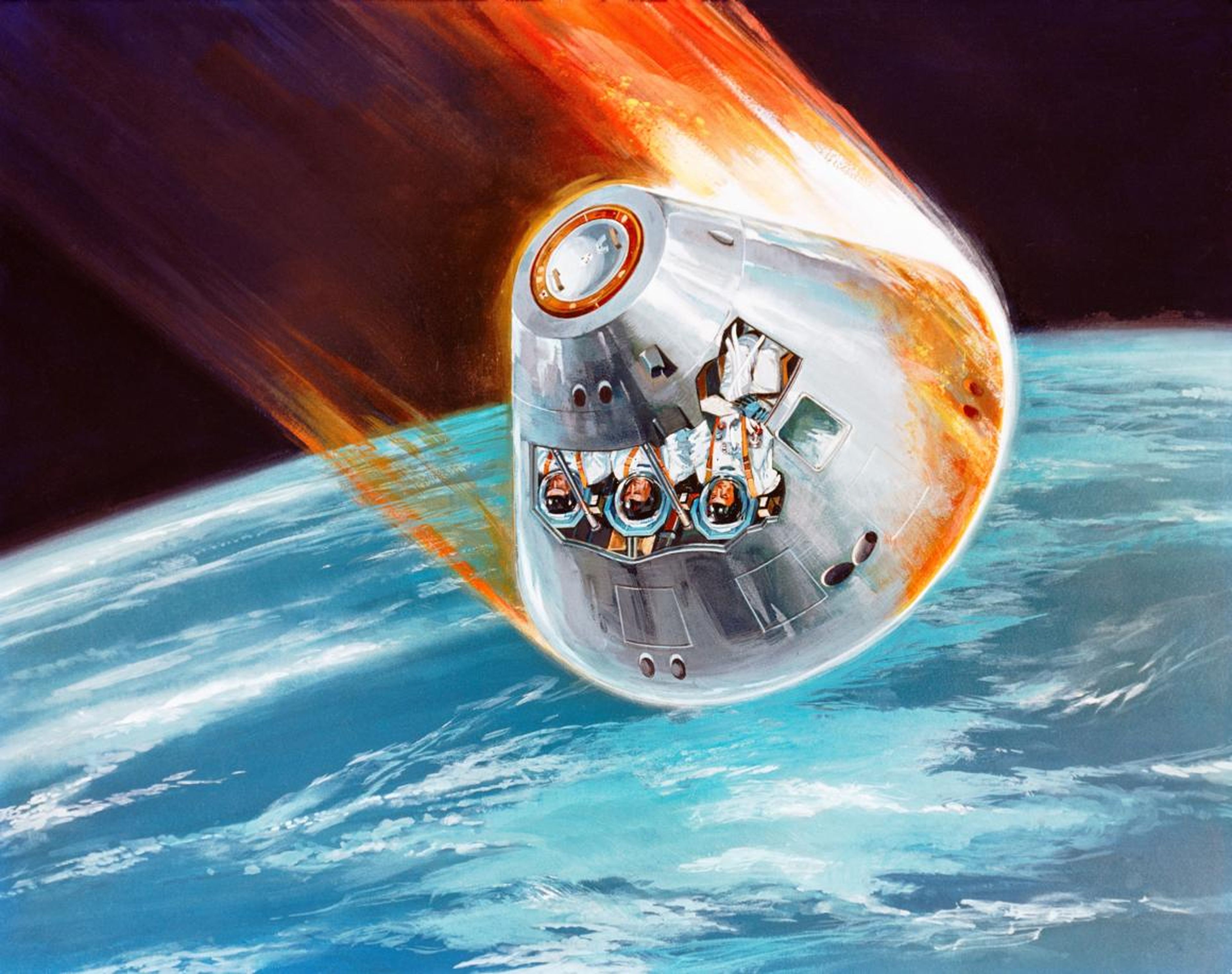 El diseño de un artista de 1968 de un módulo de mando Apolo que regresa a la Tierra después de un viaje a la Luna. El plasma se crea antes que el escudo térmico de una nave espacial a medida que atraviesa la atmósfera del planeta.