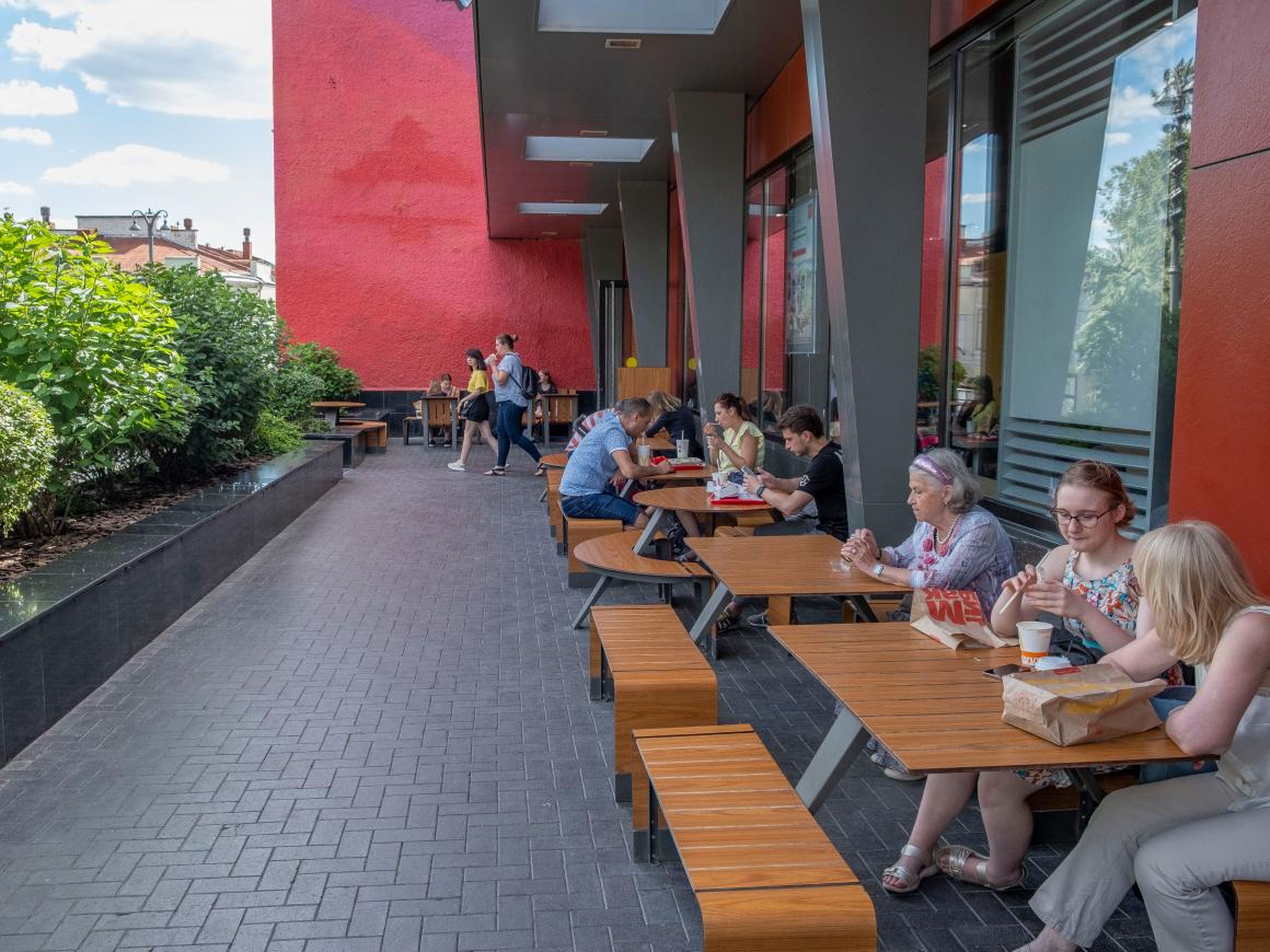 Outside, Moscow's first McDonald's has a spacious seating area.