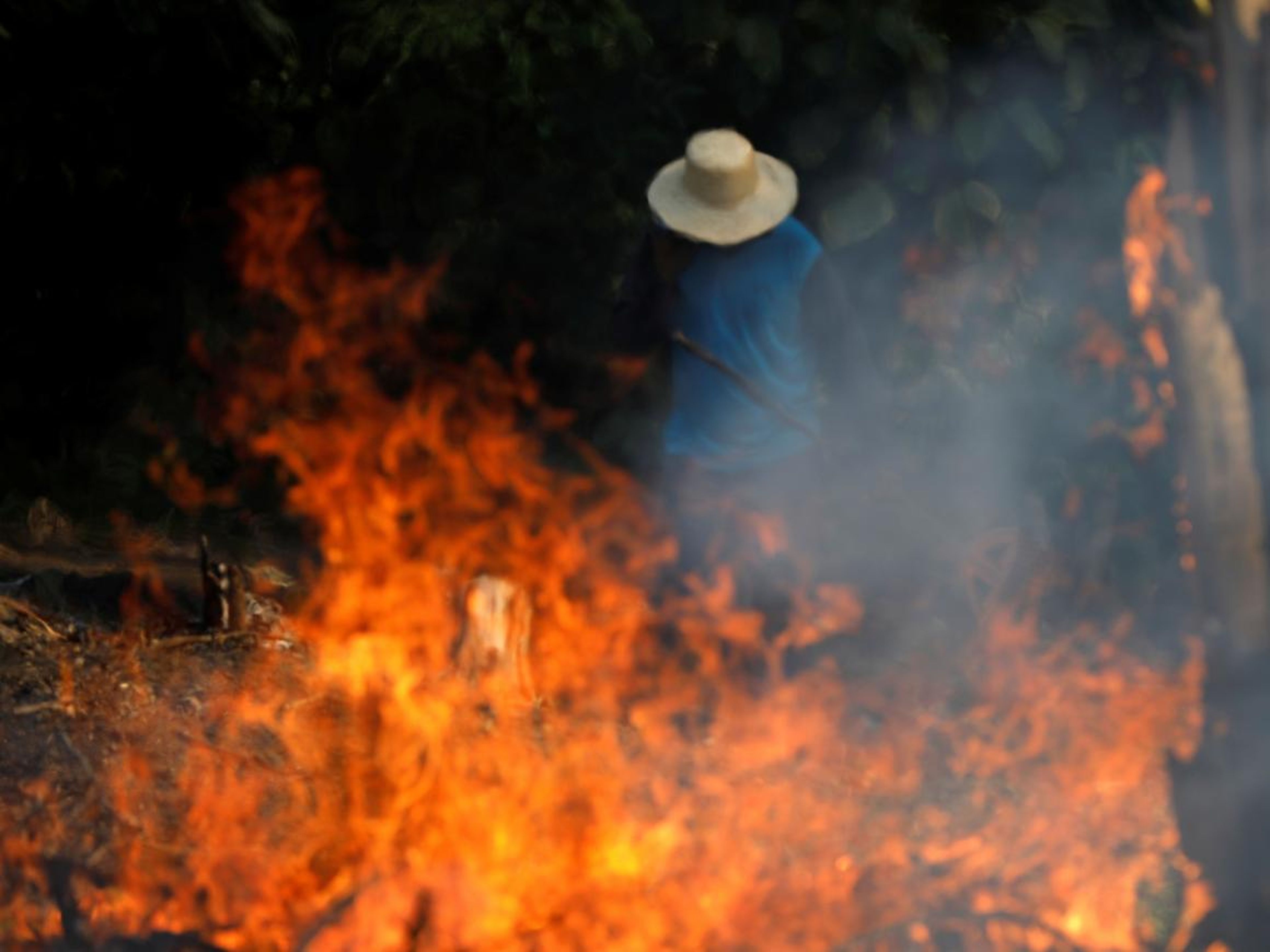 Un hombre trabaja en una zona en llamas de la selva amazónica mientras los madereros y agricultores de Iranduba, estado de Amazonas, la limpian.