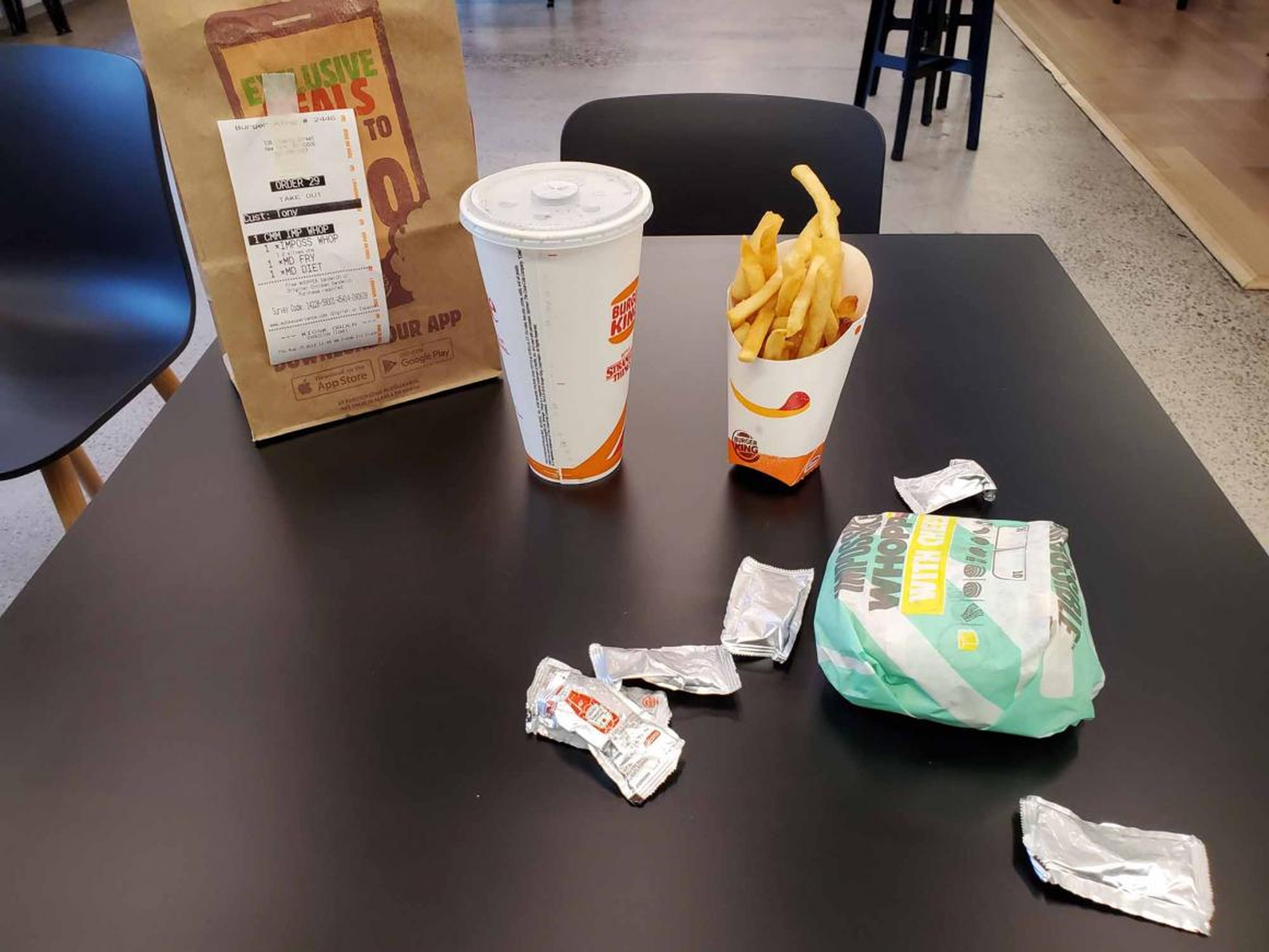 The contents of the Impossible Whopper meal look identical to a regular Whopper meal.