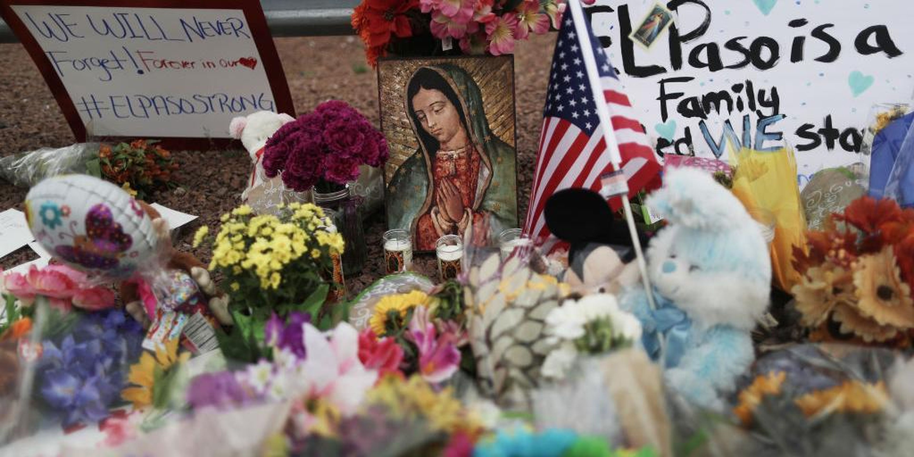 A makeshift memorial outside Walmart, near the scene of a mass shooting that left at least 20 people dead, on August 4, 2019, in El Paso, Texas.