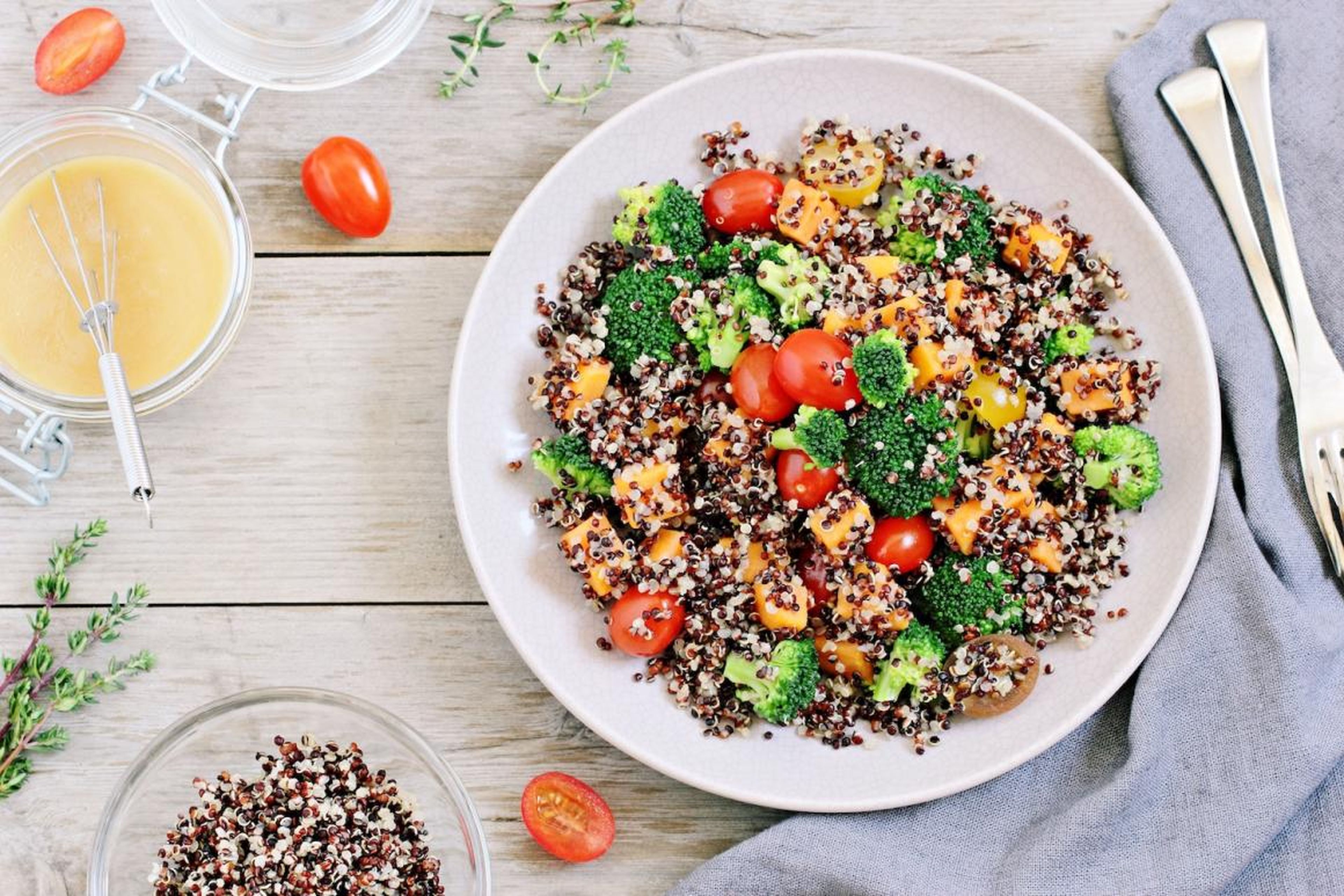 Foods like quinoa and broccoli are good sources of fiber, which keeps the GI tract moving.