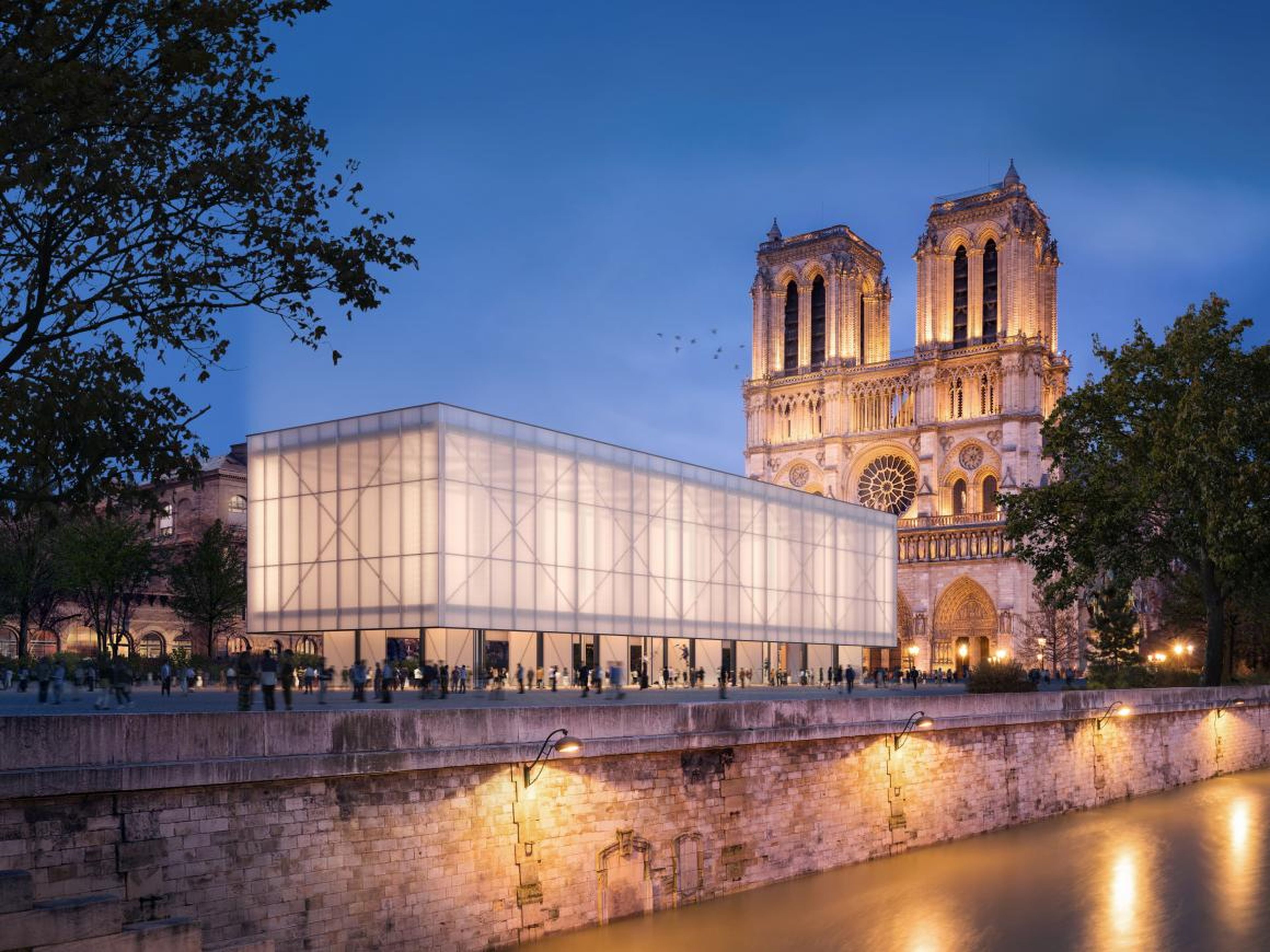 The global architecture firm Gensler has unveiled a concept for a pop-up worship center made of charred timber outside the cathedral.