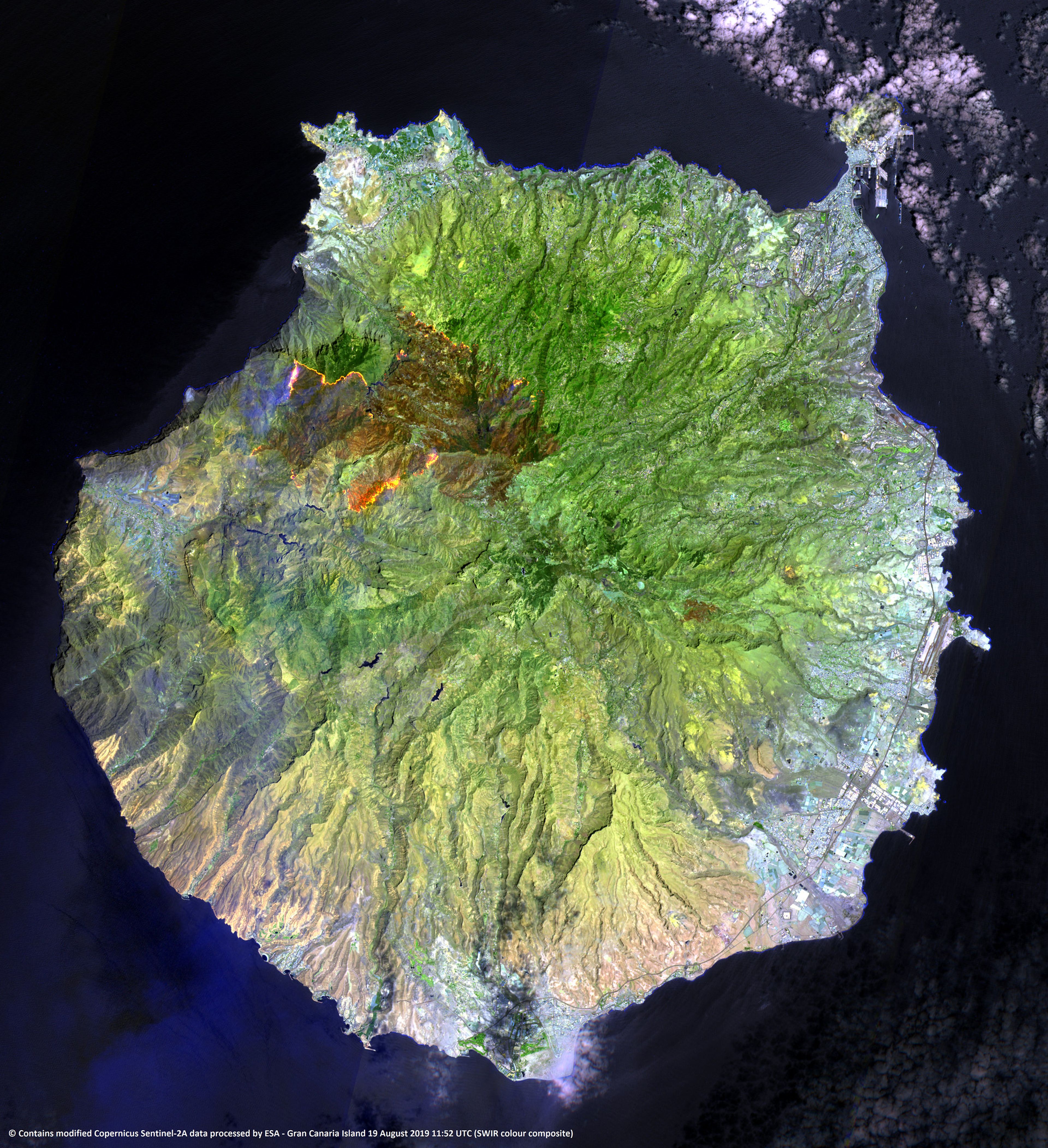 Imagen del incendio en Gran Canaria tomada por el satélite Sentinel-2.