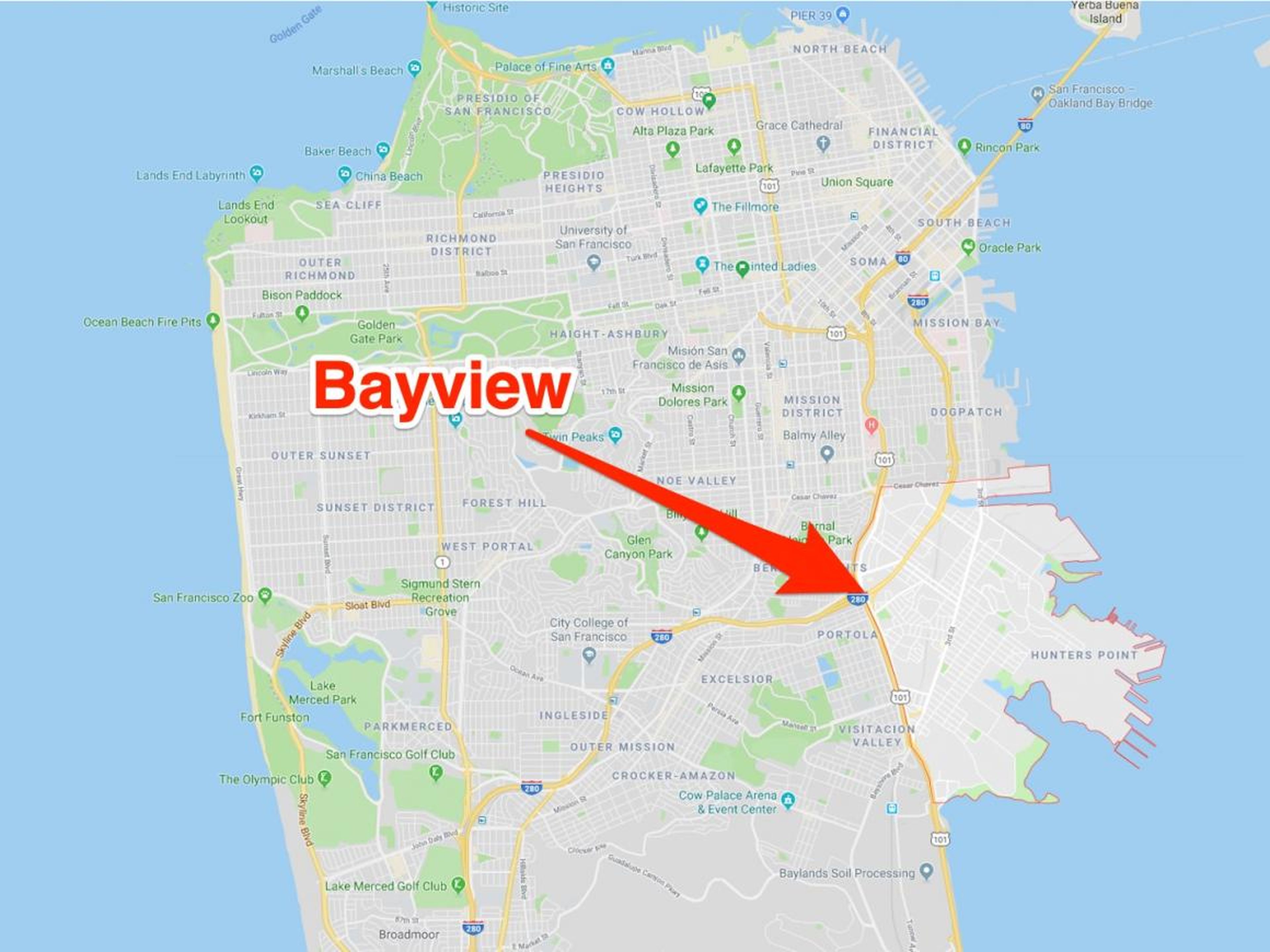 It sits in Bayview, one of San Francisco’s southernmost neighborhoods that fronts the bay.