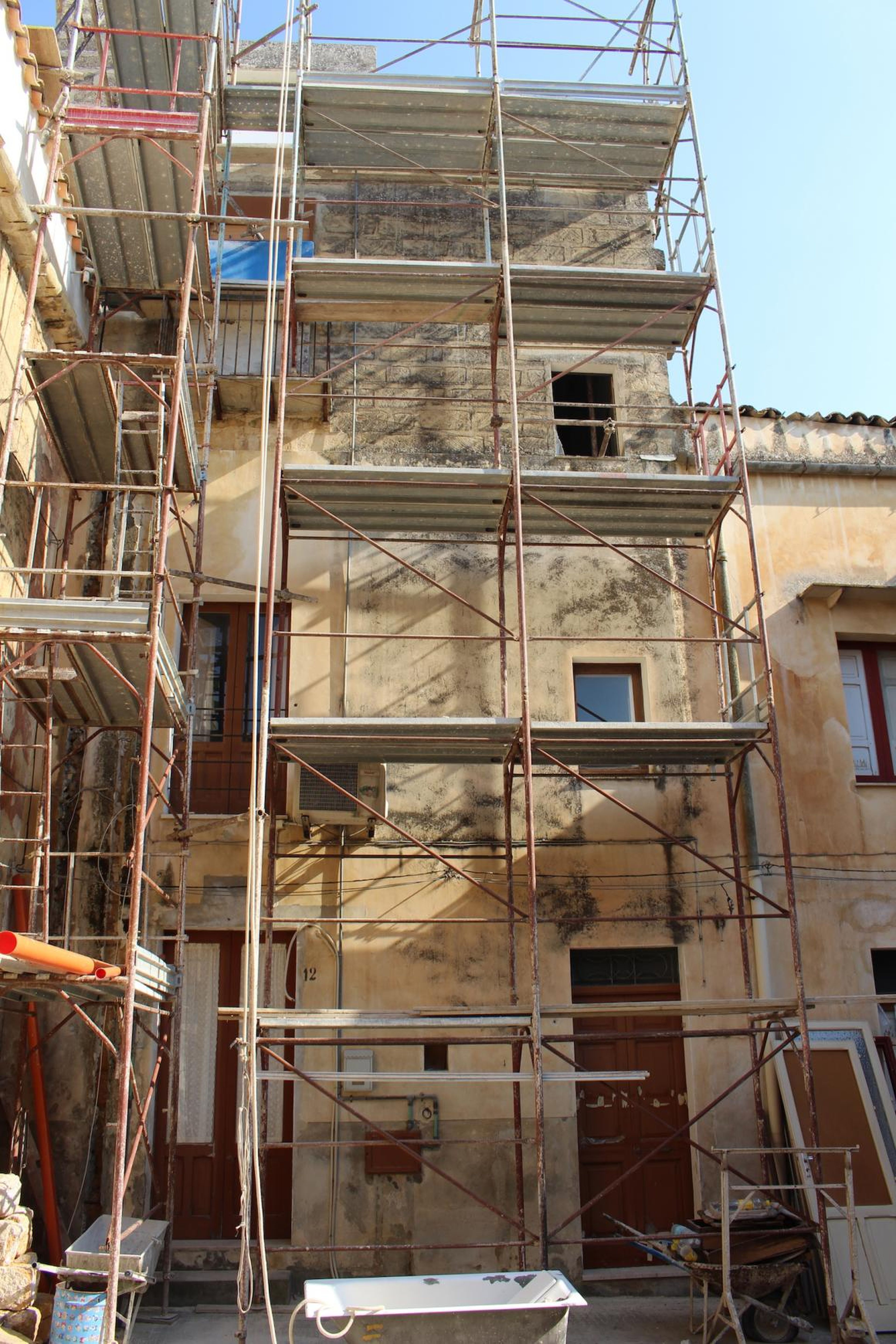 Many of the properties in town were covered in scaffolding.