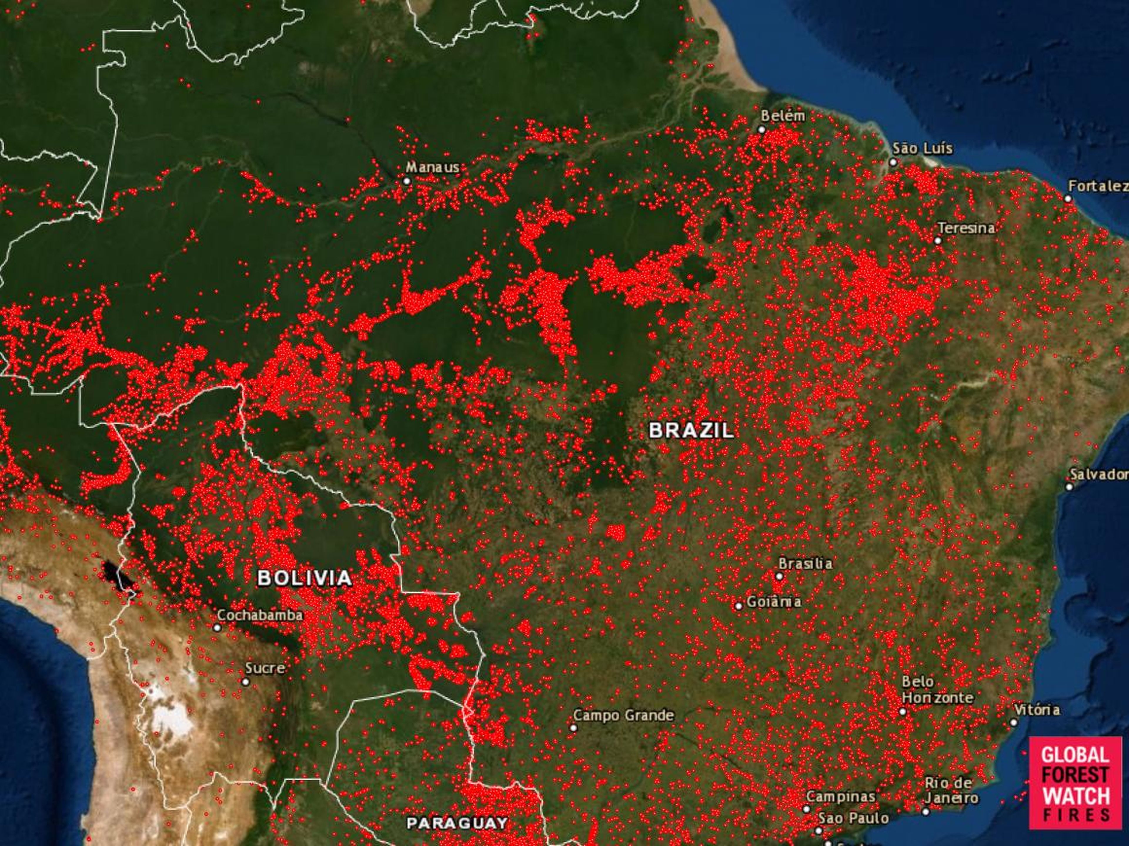 El siguiente mapa muestra todos los incendios que han comenzado en Brasil desde el 13 de agosto de 2019.