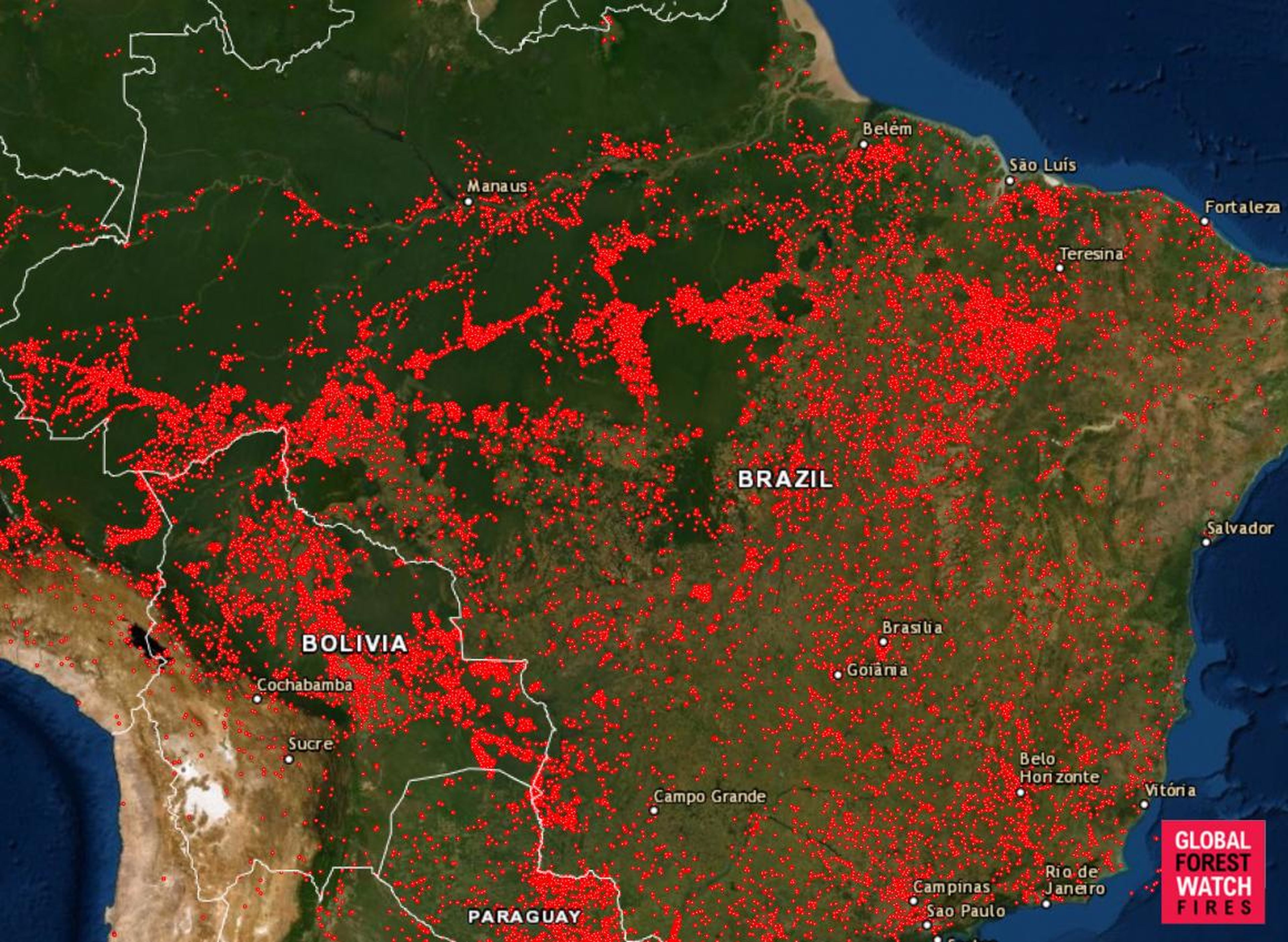 Un mapa muestra cada incendio comenzado en Brasil desde el pasado 13 de agosto de 2019.