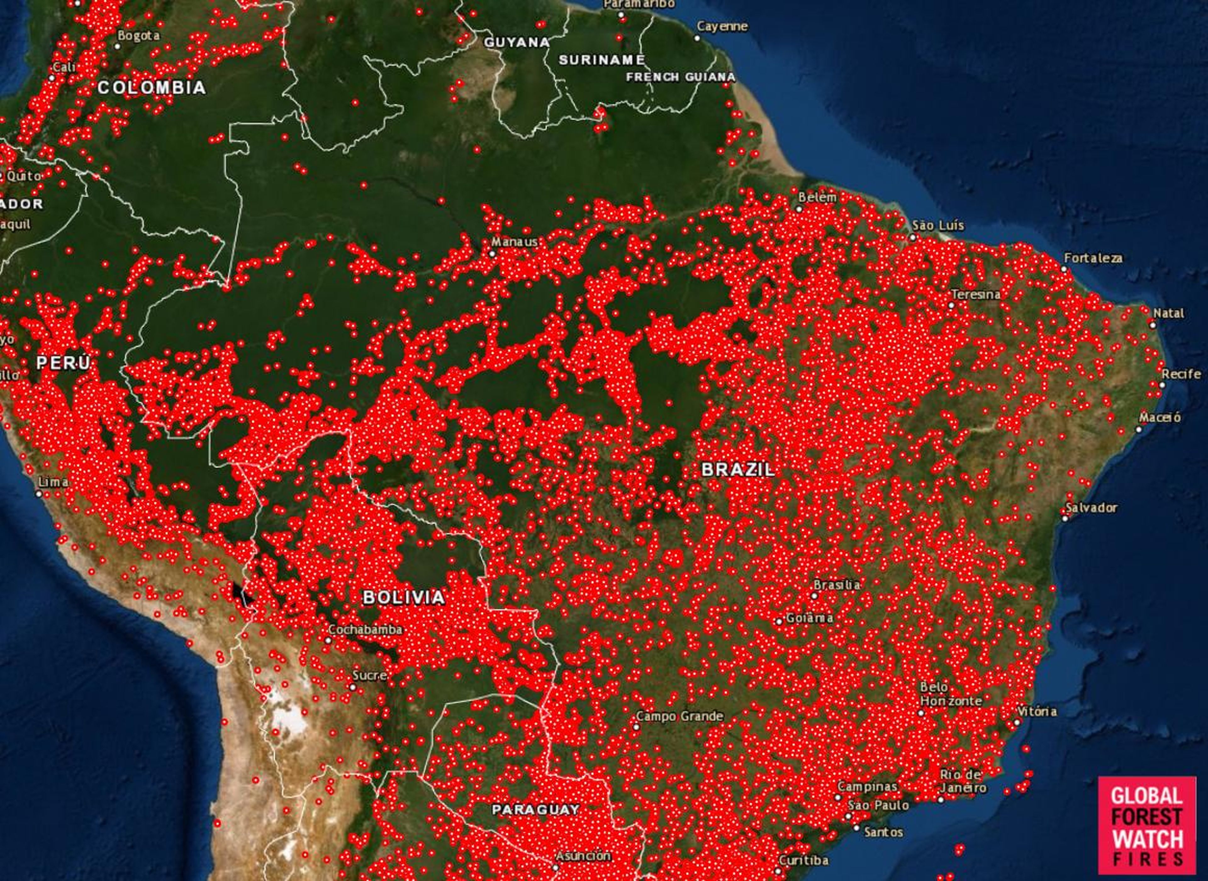 Este mapa muestra cada incendio que se ha activado desde el 13 de agosto en Sudamérica.